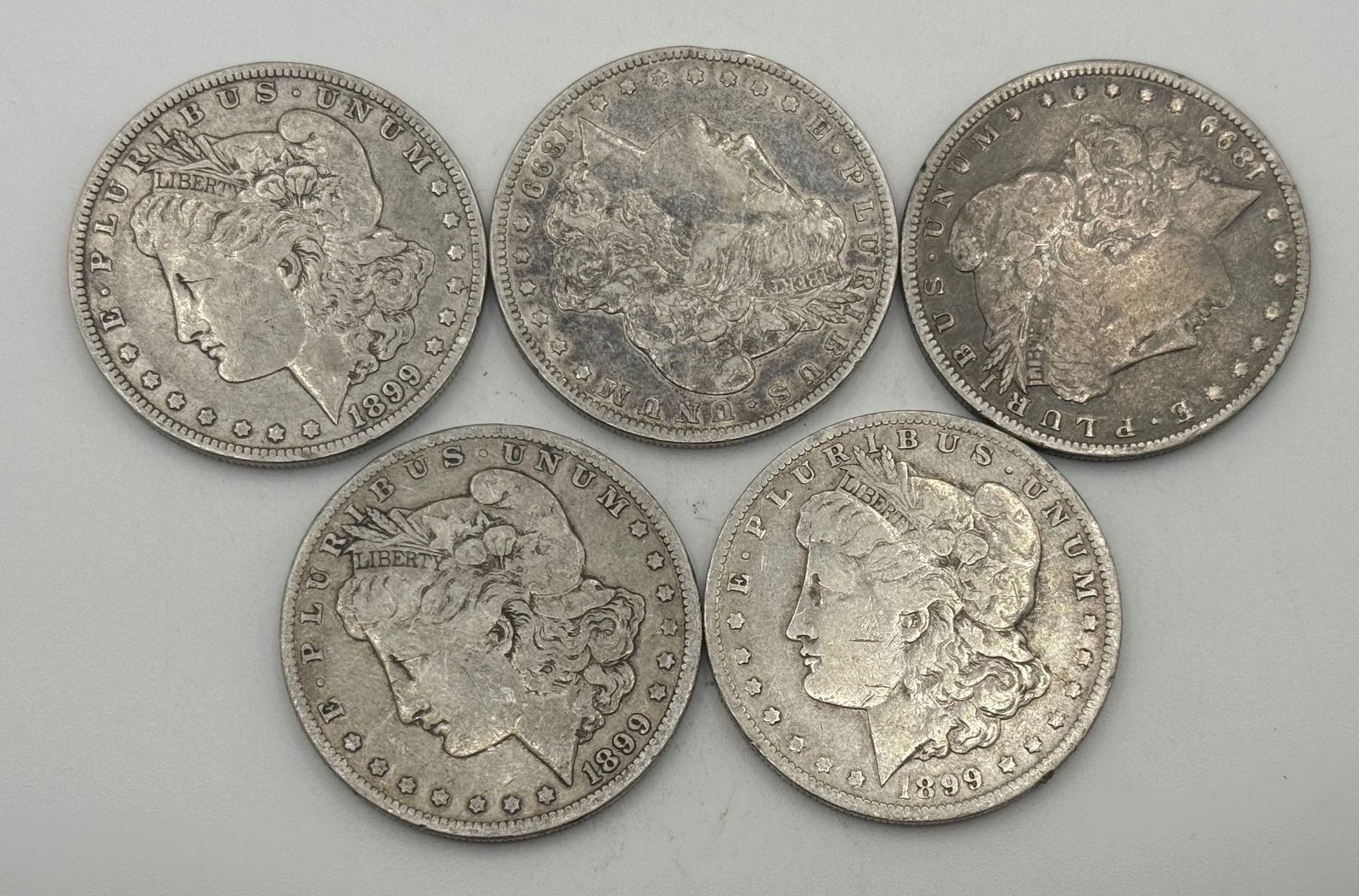 (5) 1899-O MORGAN SILVER DOLLARS, 90% SILVER! SELLS ALL ONE MONEY! (1 of 1)