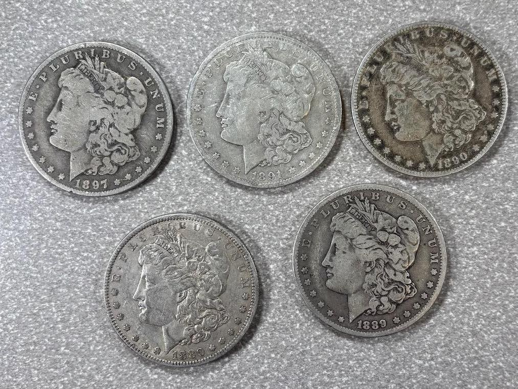 SILVER STACKER ALERT! 5 MIXED DATE 90% SILVER MORGAN DOLLARS, SEE LIST BELOW, SELLS ALL ONE MONEY! (1 of 12)