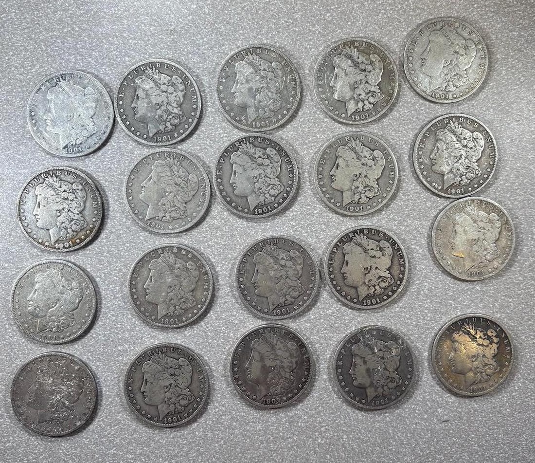 SILVER STACKER ALERT! 20 1901-O 90% SILVER MORGAN DOLLARS, SELLS ALL ONE MONEY! (1 of 10)