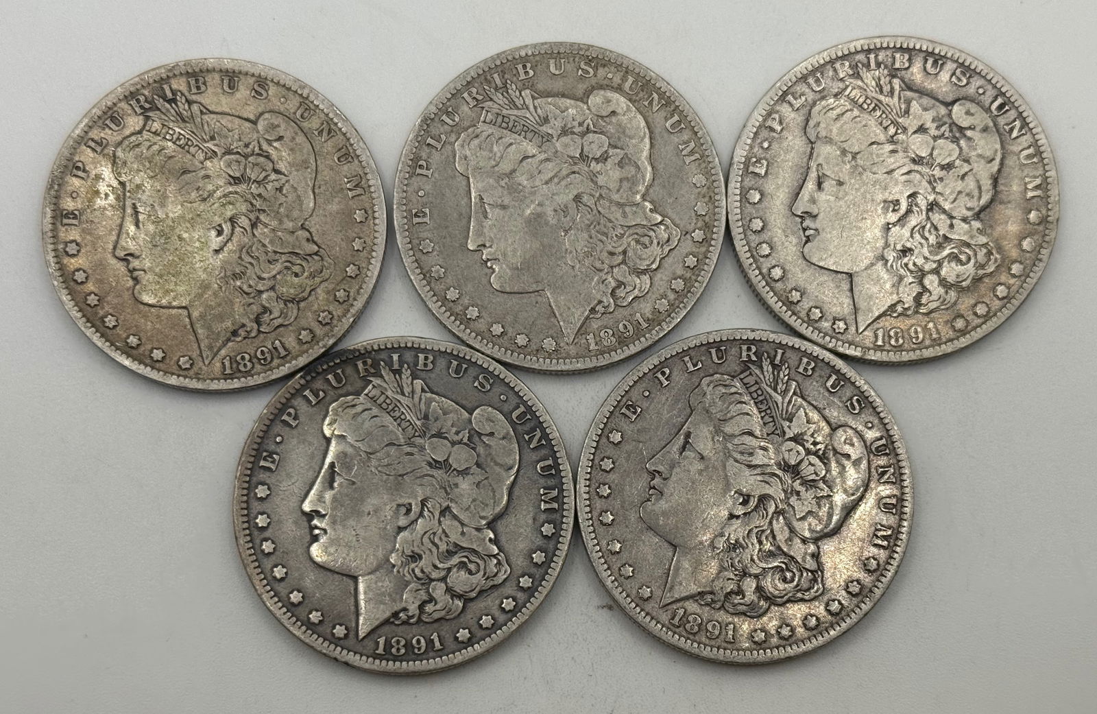 (5) 1891-O MORGAN SILVER DOLLARS, 90% SILVER, SELLS ALL ONE MONEY! (1 of 2)