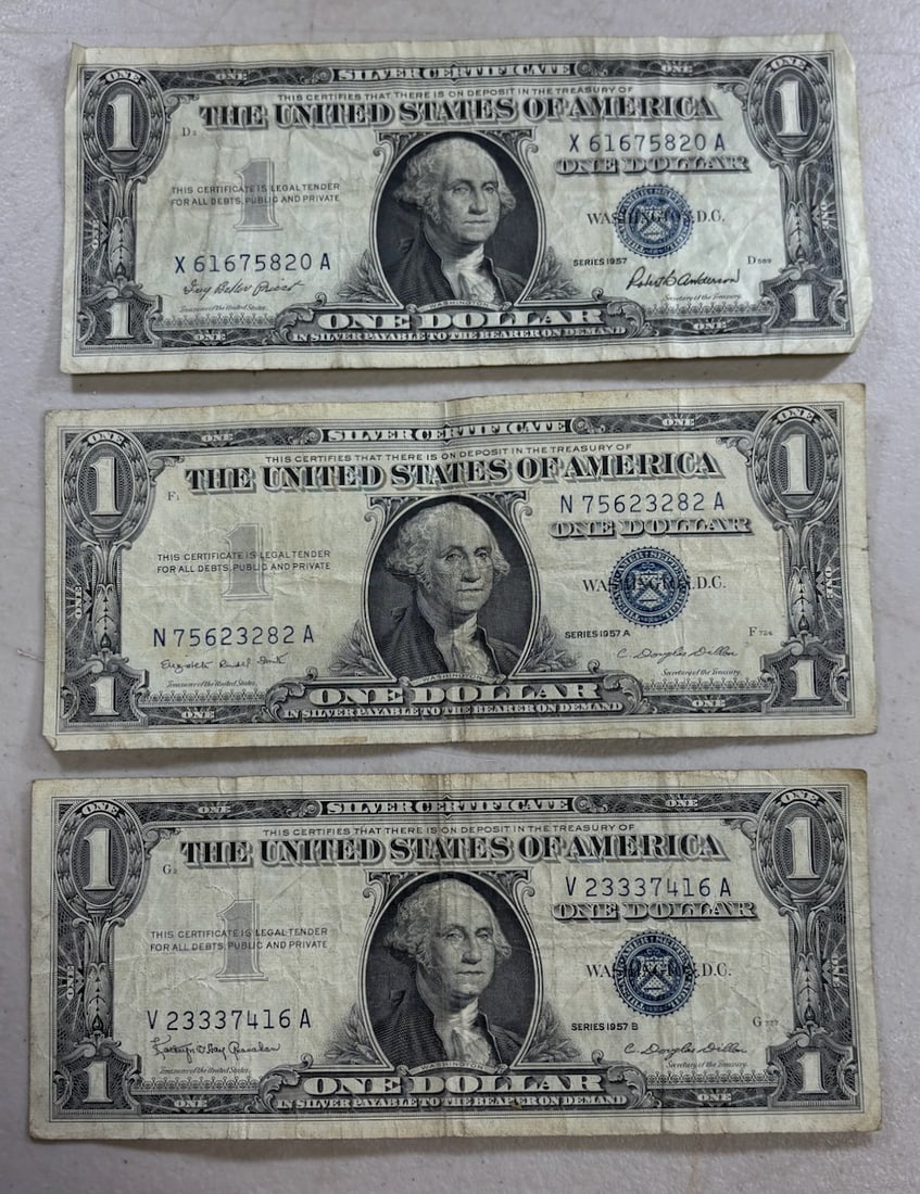 3- 1957 Silver Certificates, 1957, 1957A, 1957B: PLEASE NOTE, we only accept credit cards up to $1500, any invoice over that will need to make an alternate payment arrangement. If you request shipping,