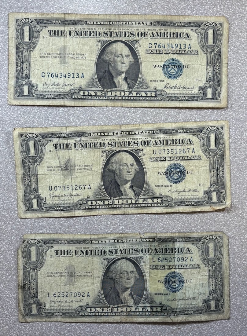 3- 1957 Silver Certificates, 1957, 1957A, 1957B: PLEASE NOTE, we only accept credit cards up to $1500, any invoice over that will need to make an alternate payment arrangement. If you request shipping,