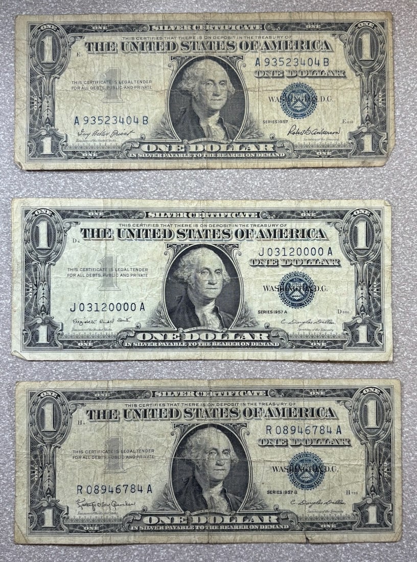 3- 1957 Silver Certificates, 1957, 1957A, 1957B: PLEASE NOTE, we only accept credit cards up to $1500, any invoice over that will need to make an alternate payment arrangement. If you request shipping,