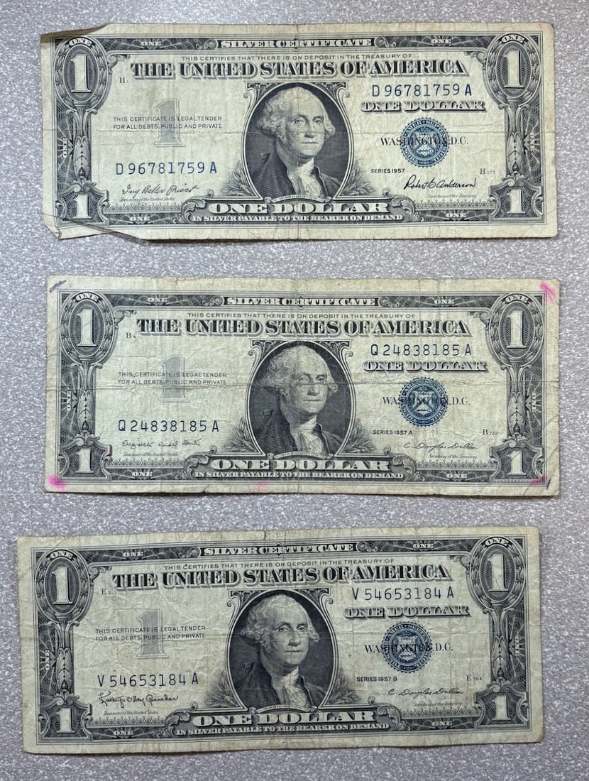 3- 1957 Silver Certificates, 1957, 1957A, 1957B: PLEASE NOTE, we only accept credit cards up to $1500, any invoice over that will need to make an alternate payment arrangement. If you request shipping,