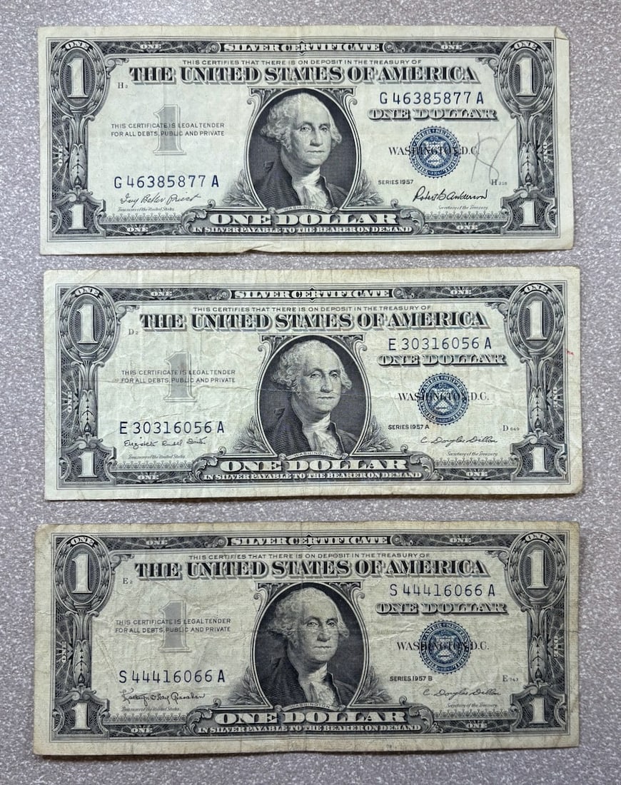 3- 1957 Silver Certificates, 1957, 1957A, 1957B: PLEASE NOTE, we only accept credit cards up to $1500, any invoice over that will need to make an alternate payment arrangement. If you request shipping,