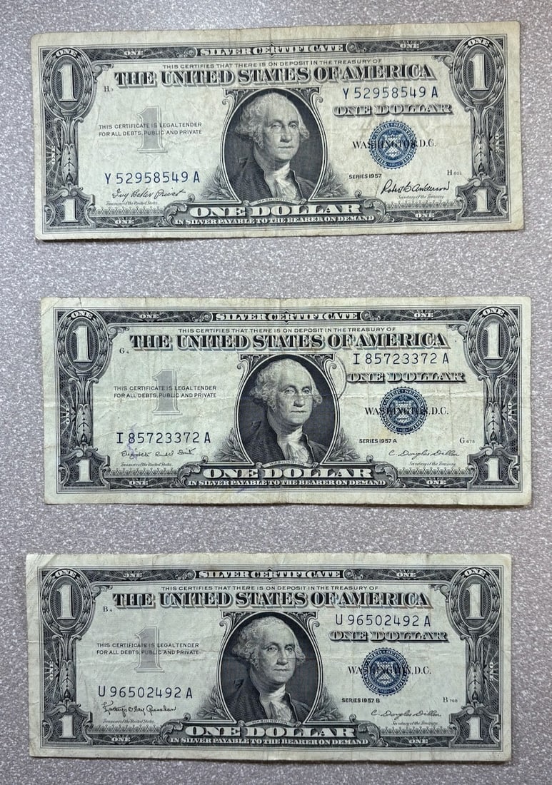 3- 1957 Silver Certificates, 1957, 1957A, 1957B: PLEASE NOTE, we only accept credit cards up to $1500, any invoice over that will need to make an alternate payment arrangement. If you request shipping,