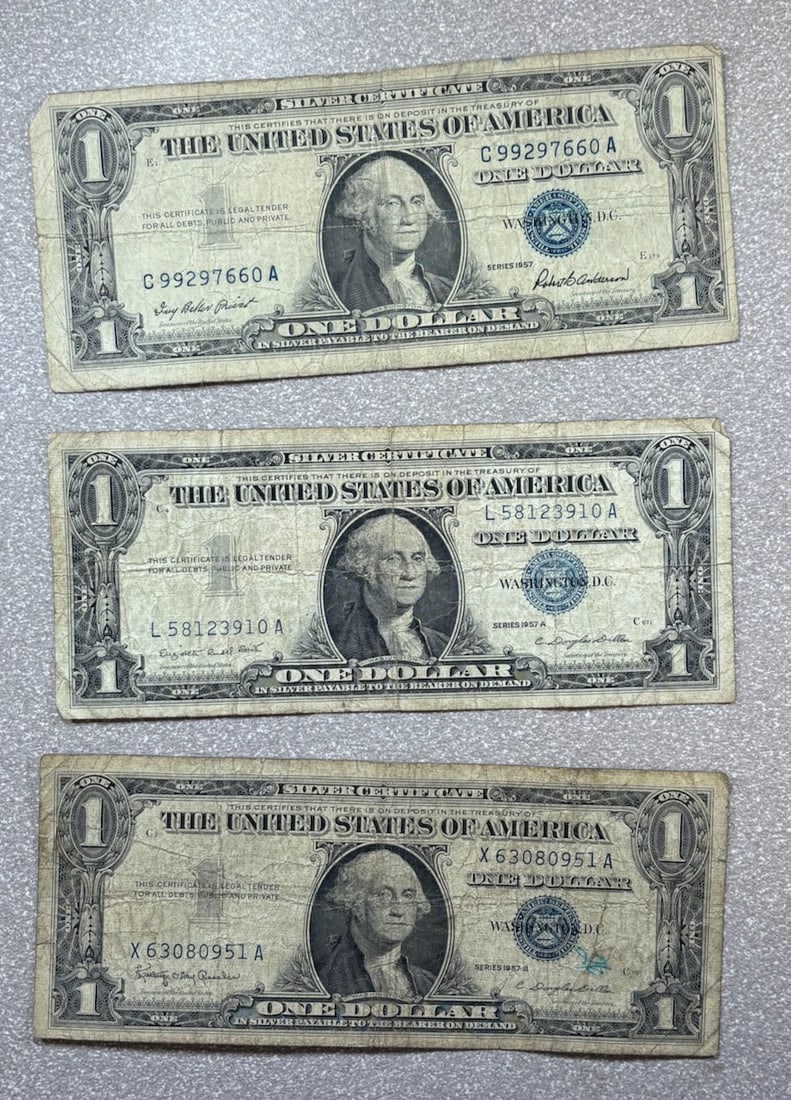 3- 1957 Silver Certificates, 1957, 1957A, 1957B: PLEASE NOTE, we only accept credit cards up to $1500, any invoice over that will need to make an alternate payment arrangement. If you request shipping,