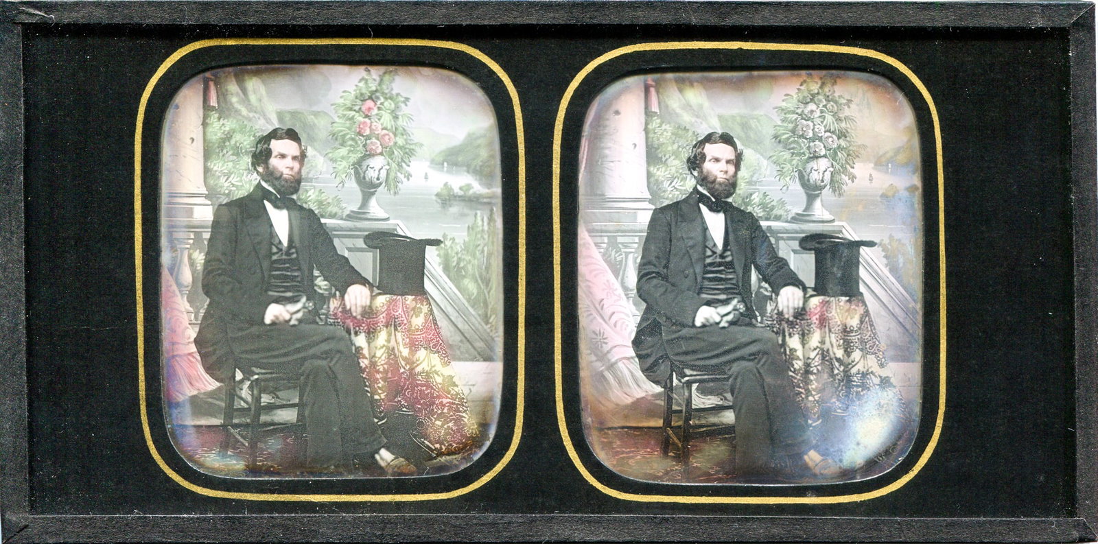 Well Tinted Stereo Daguerreotype of a NY Man with Backdrop: A beautifully tinted stereoview daguerreotype captured in 1855, featuring the distinguished William H. Bull against a carefully crafted backdrop. While the daguerreotype itself likely has British orig