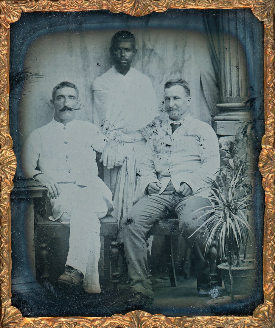 Ambrotype of George Stewart with Man Servant and Friend from India: A remarkable sixth plate Ambrotype featuring George Stewart alongside his esteemed friend from India and a dedicated manservant. This captivating image captures the camaraderie and cultural exchange b