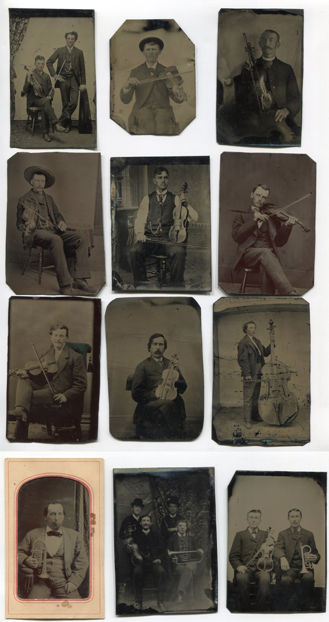 12 Tintypes of Musicians: A collection of 12 CDV-sized tintypes, each featuring musicians posed with their instruments, reflecting the musical culture of the late 19th century. The tintypes showcase a variety of performers—p