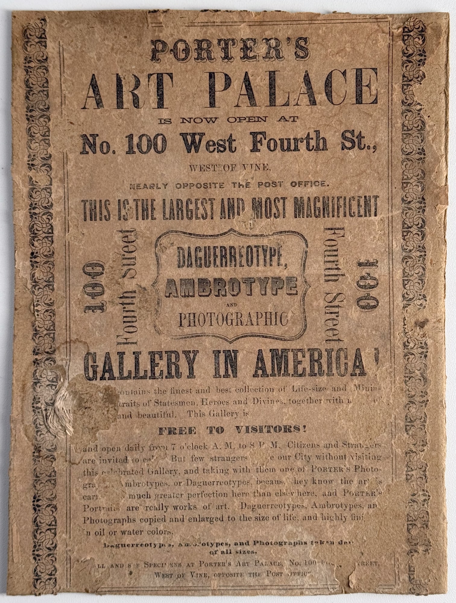 Broadside Advertising Porter's Art Palace, Circa 1858: A historical broadside mounted on cardboard, advertising "Porter's Art Palace," located at 100 West Fourth Street, Cincinnati, as the "Largest and Most Magnificent Gallery in America." The advertiseme