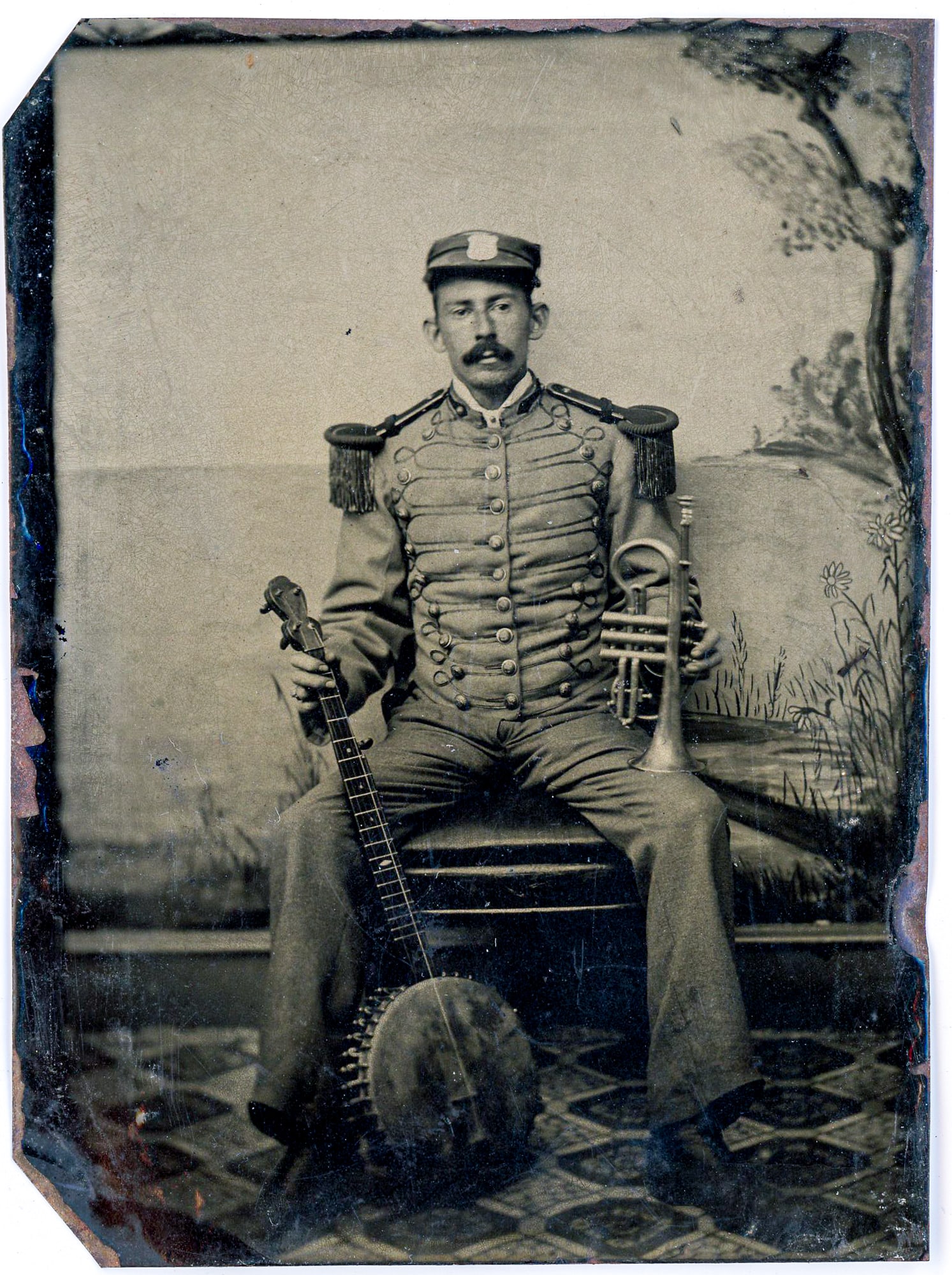 Tintype of Bandman with Banjo and Horn (1 of 1)