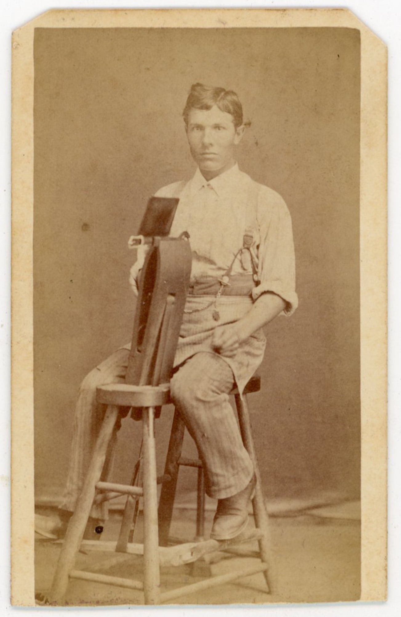 CDV of a Harness Maker with His Stitching Pony, Walkerton, Indiana (1 of 2)