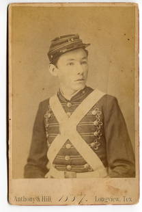 1887 Cabinet Card of Longview Rifles Militiaman, Texas: Exceptional 1887 cabinet card portrait of a young militiaman of the Longview Rifles, photographed in full dress uniform by Anthony & Hill of Longview, Texas. The subject wears an ornate double-breaste