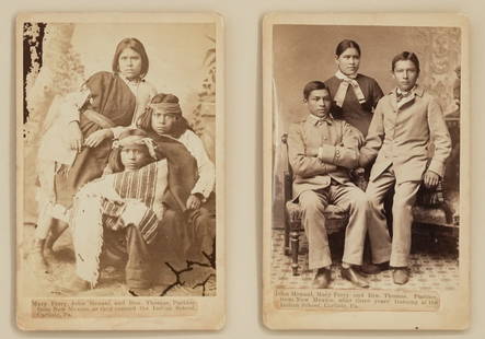 Cabinet Cards of Carlisle Indian School Transformation: Rare and powerful pair of cabinet cards showing a stark visual record of the assimilationist policies of the late 19th-century U.S. government. Captured in studio portraits, the photographs depict thr