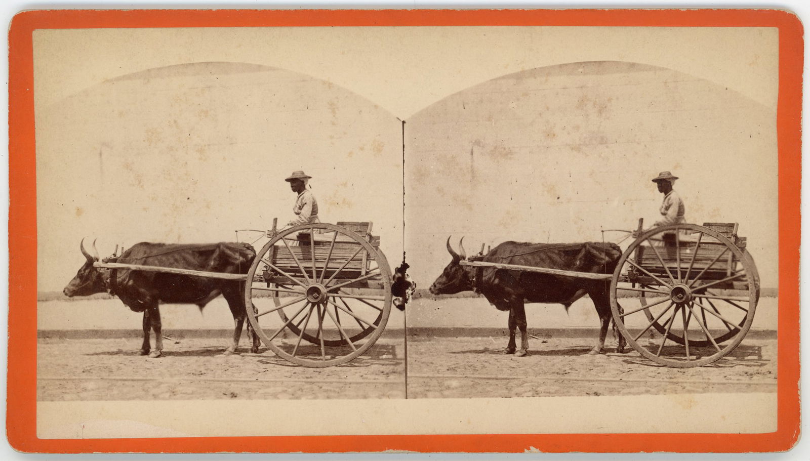 Stereoview Aunt Chloe – Ox-Drawn Cart, Savannah, Georgia, by Havens: Stereoview depicting an African American woman identified in period pencil inscription as “Aunt Chloe,” seated in an ox-drawn wooden cart on a cobblestone street in Savannah, Georgia. The driv
