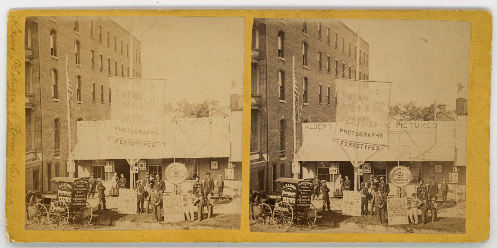 Stereoview of Alden’s Photography Studio and Wagon, Rhode Island: A rare and bustling street scene outside Alden’s photography studio in Providence, Rhode Island, captured in stereoscopic format. The image presents an extraordinary view of the studio’s exterior,