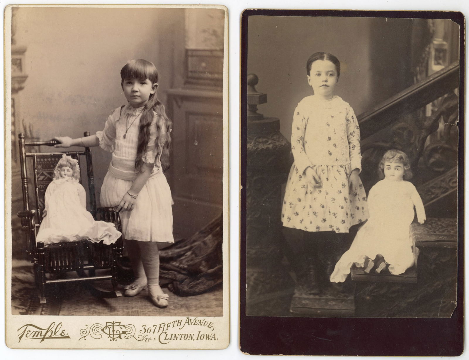 Pair of Cabinet Cards: Girls with Dolls, Iowa & New York Studios (1 of 2)