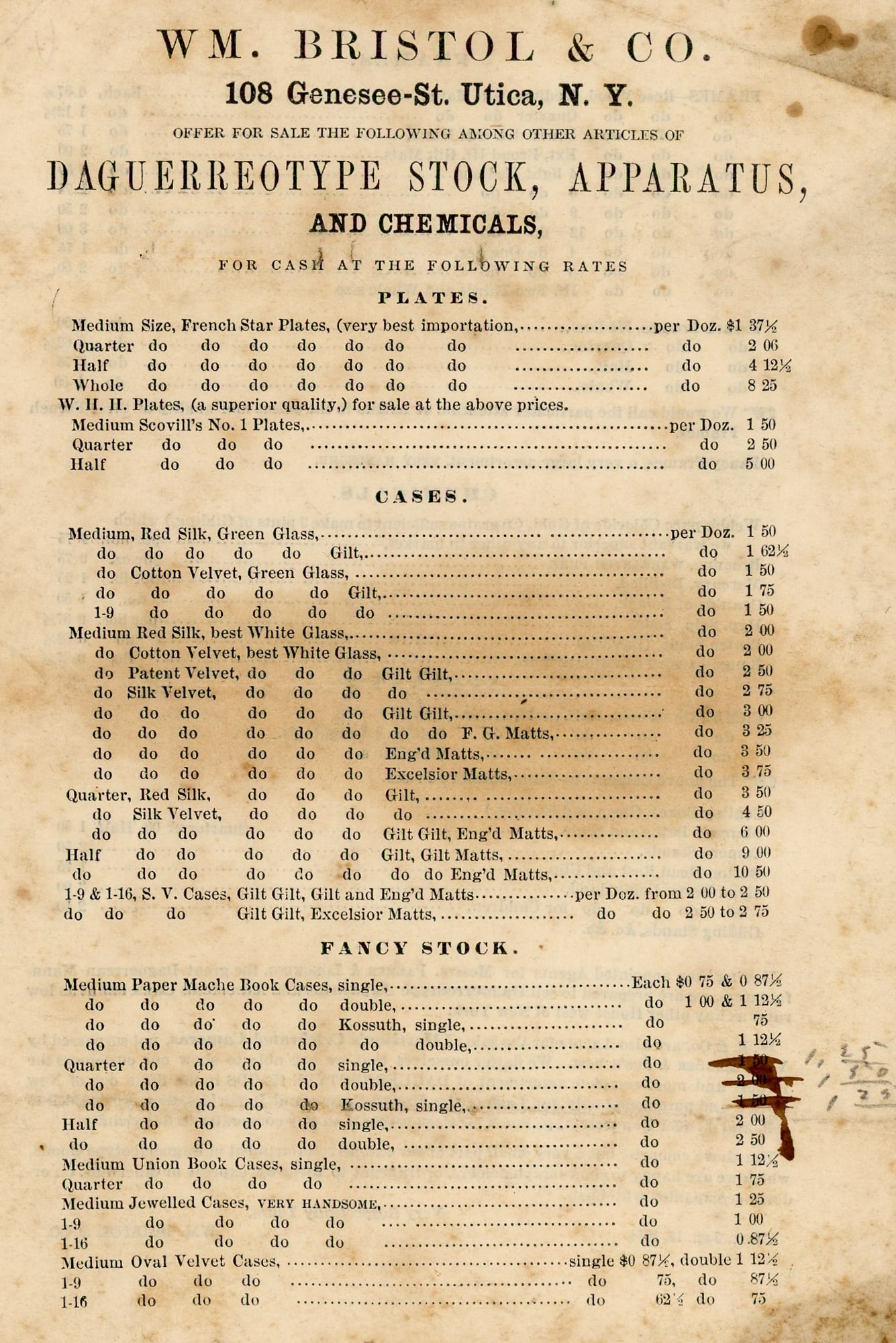 Daguerreotype Supplies Price List, Wm. Bristol & Co., Utica, NY (1 of 4)