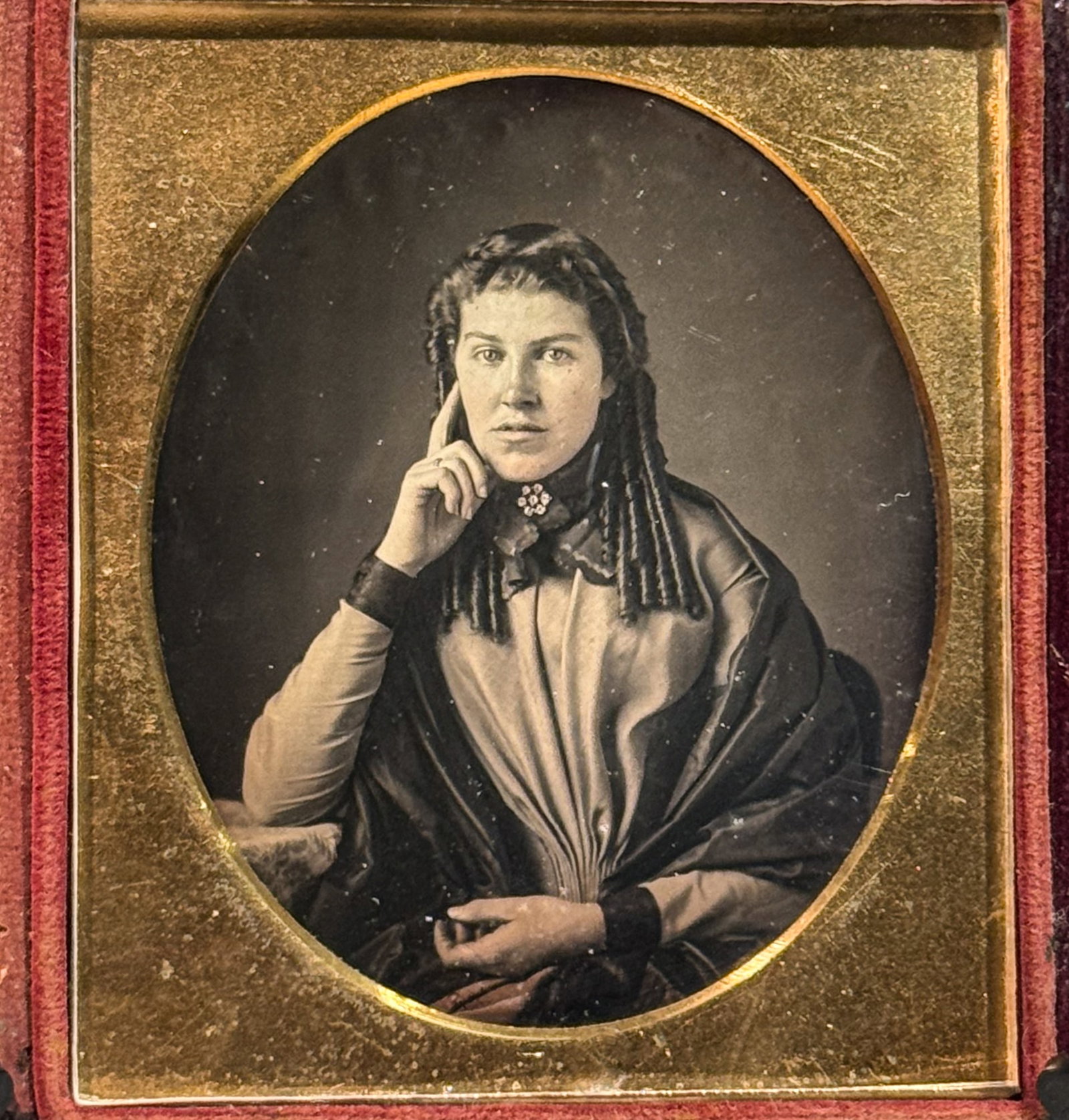 Daguerreotype Portrait of Young Woman with Sausage Curls, Hand-to-Cheek Pose (1 of 3)