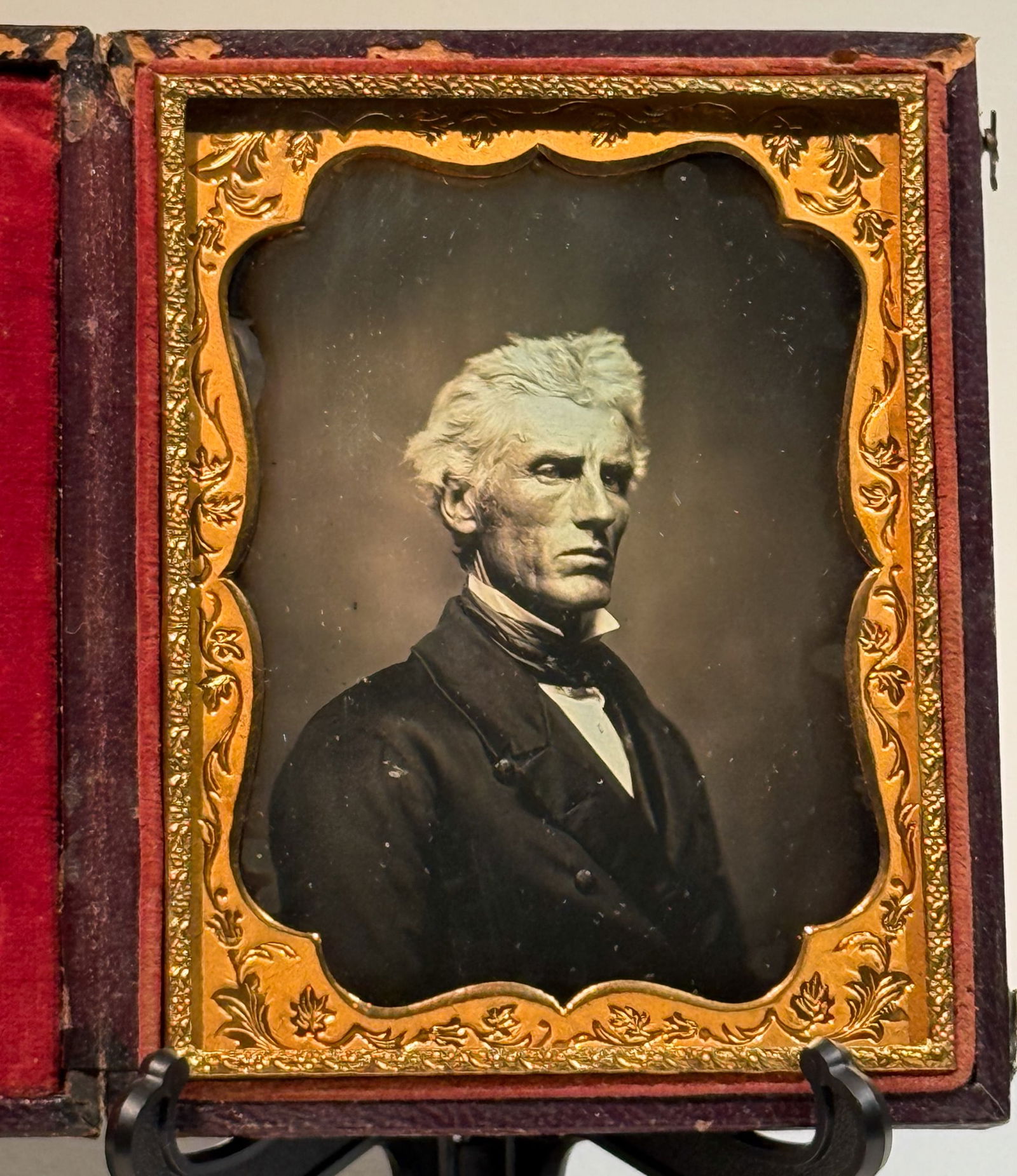 Daguerreotype of an Aristocratic Man in Strong Three-Quarter Profile: American quarter plate daguerreotype portrait of a mature gentleman shown in a commanding three-quarter profile, an intentionally dramatic pose that emphasizes facial structure, bearing, and social pr