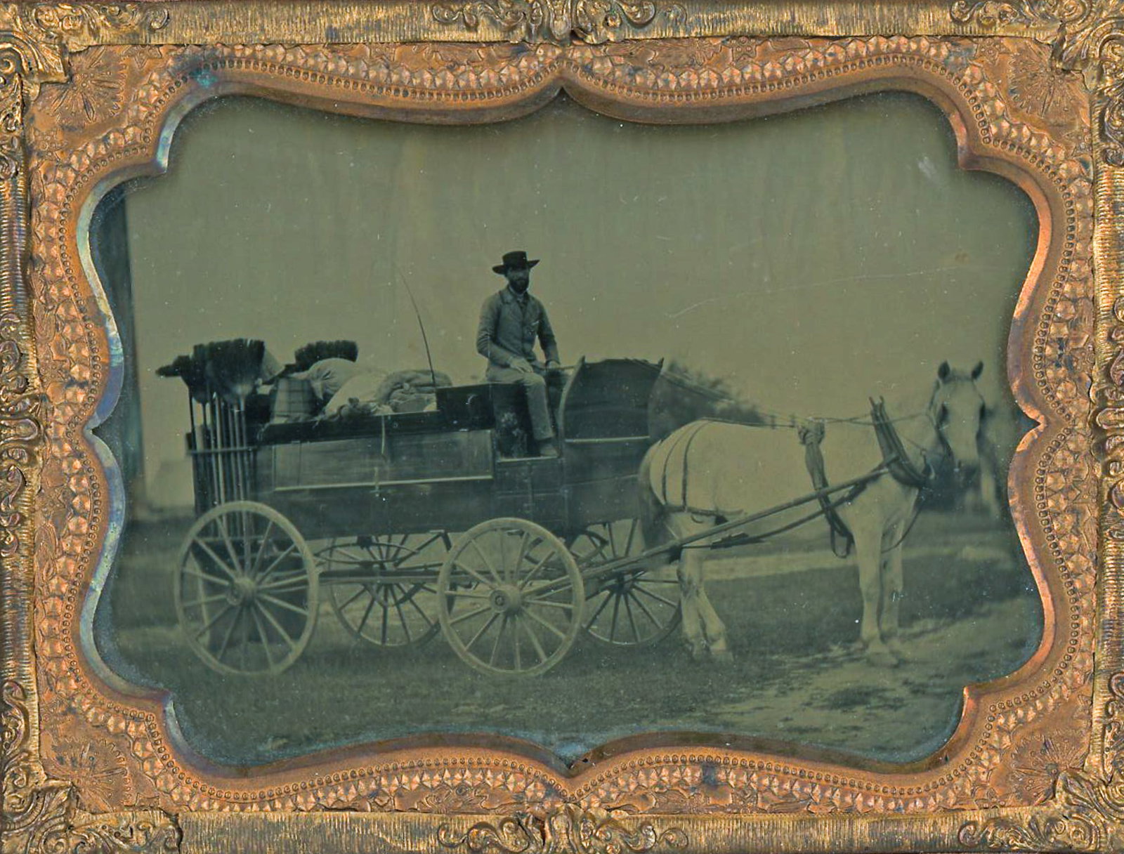 Ambrotype of Itinerant Broom Maker with Loaded Trade Wagon (1 of 3)