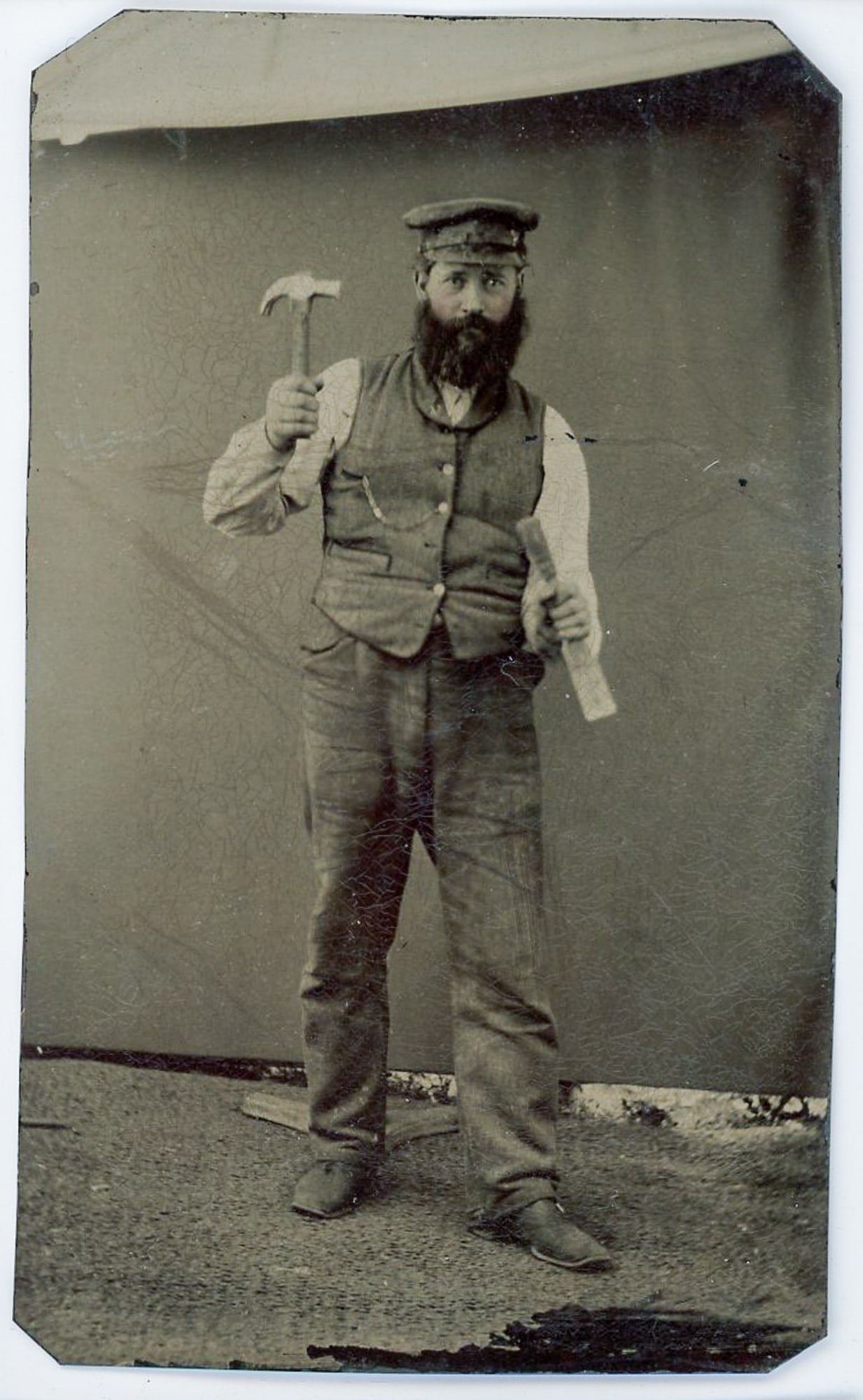 Tintype Portrait of Bearded Laborer with Hammer and Chisel (1 of 1)