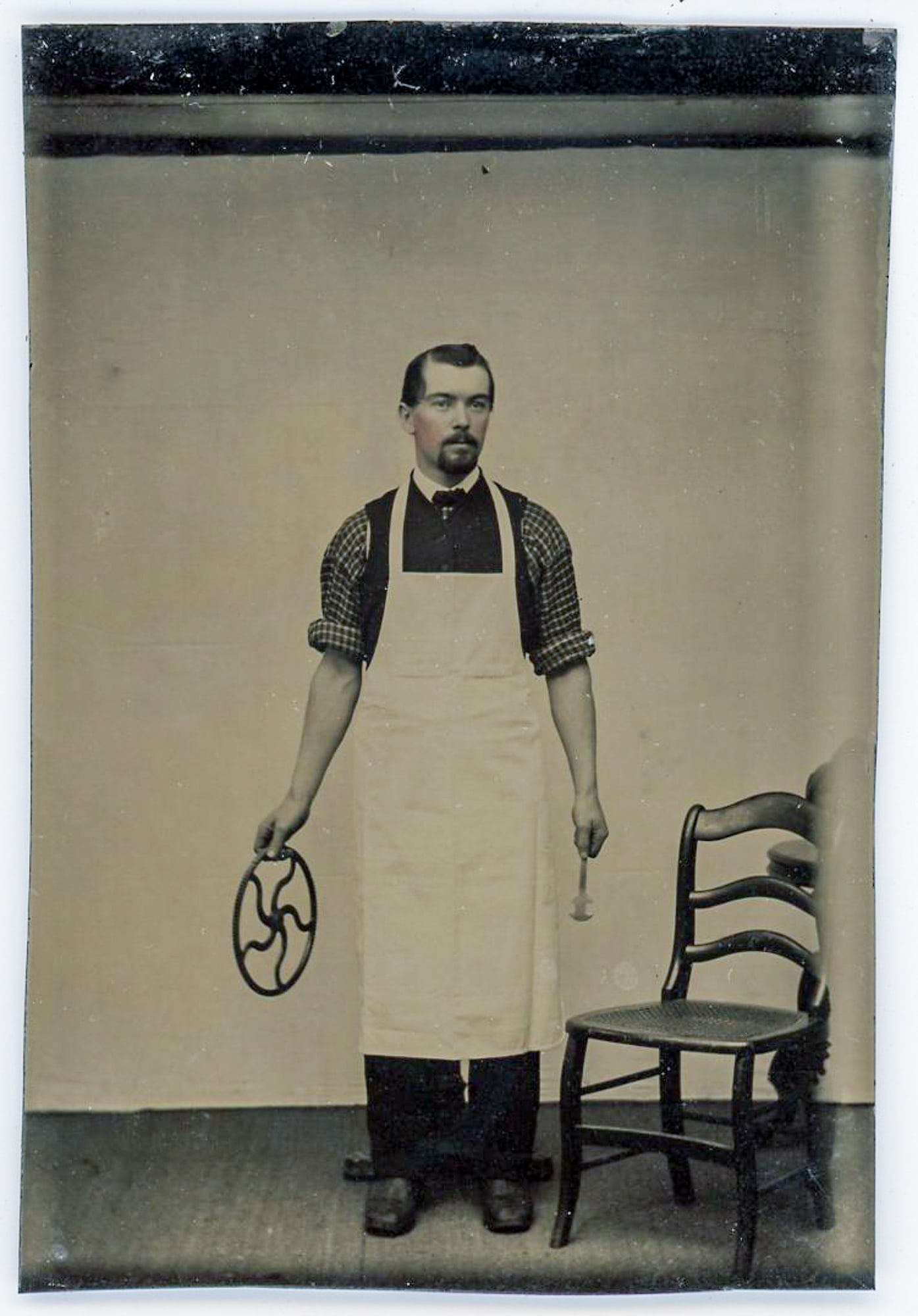 Tintype of Machine Operator with Treadle Flywheel and Spanner Wrench (1 of 2)