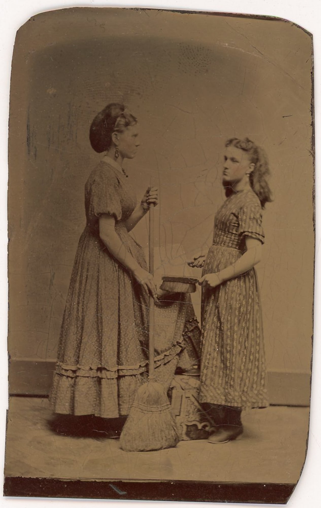 CDV Occupational Tintype of Two Females with Broom and Cleaning Tools (1 of 1)