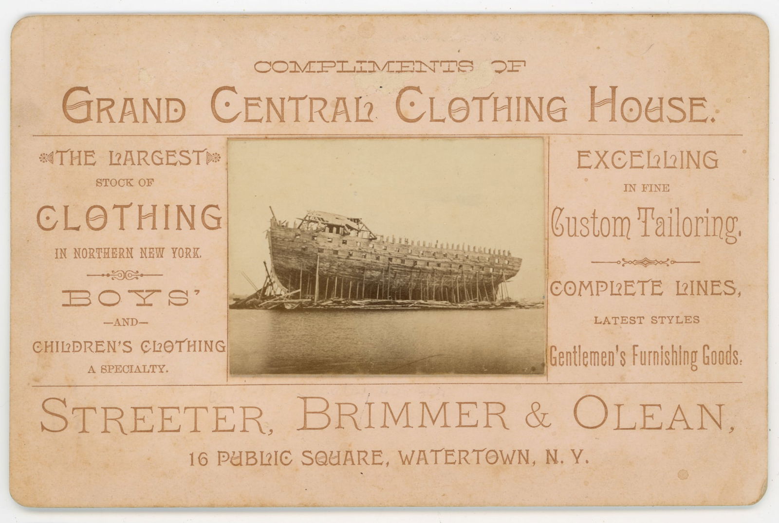 Advertising CDV of War of 1812 Ship New Orleans: Albumen print carte de visite featuring the unfinished hull of the American warship New Orleans, photographed at Sackets Harbor, New York. The image is incorporated into an advertising mount for the G