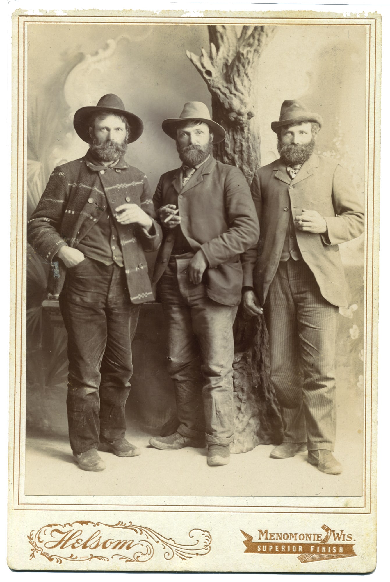 Cabinet Card Staase Brothers, Three Bearded Woodsmen with Cigars (1 of 2)