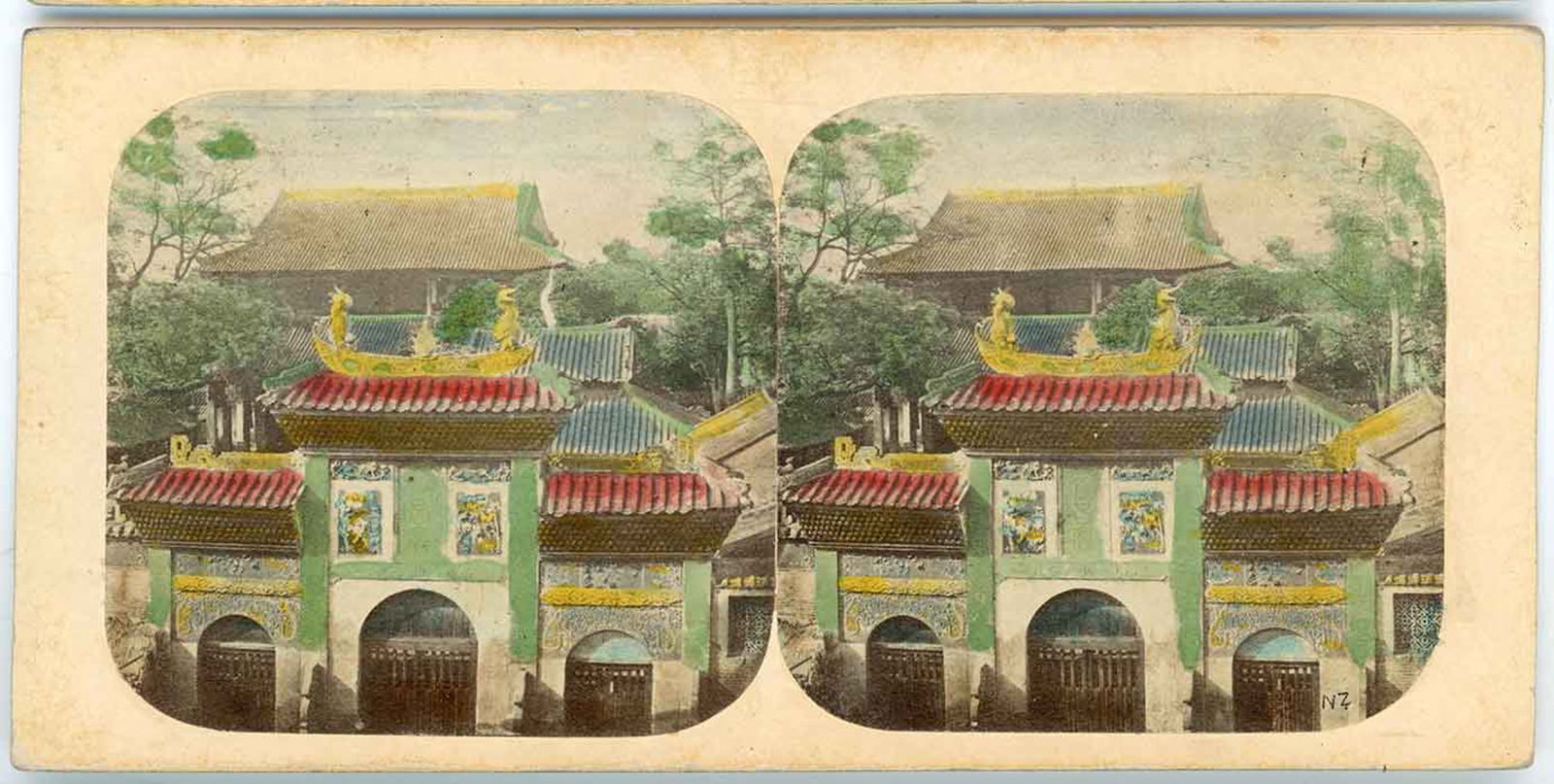 Canton China Entrance to the Imperial College Stereoview: Albumen stereograph showing the entrance gate to the Imperial College in Canton (Guangzhou), China, issued as part of the Views in China series and numbered 36. The image presents a richly ornamented