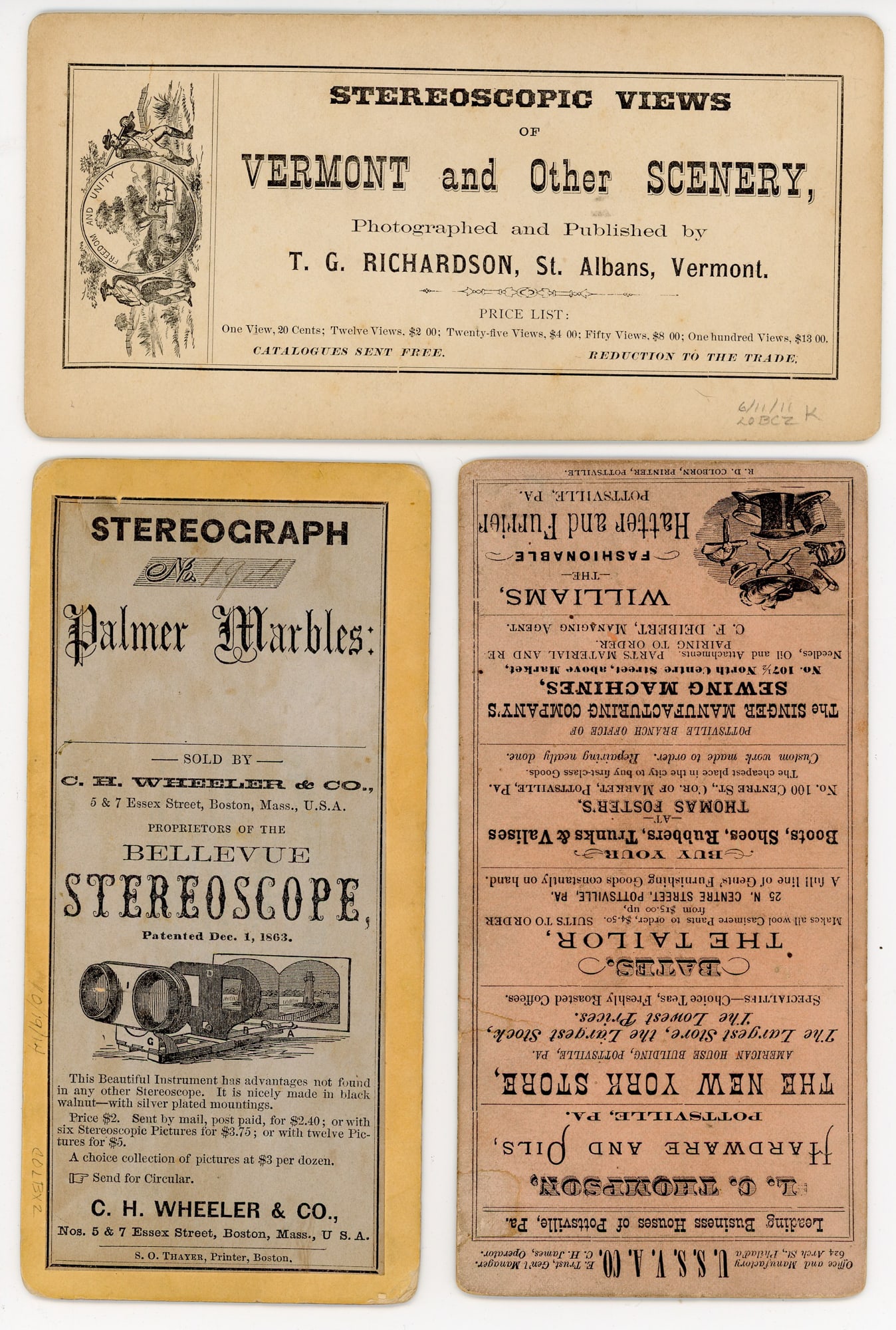 Advertising Backs of Three American Stereoview Cards: Group of three stereoview cards showing elaborate publisher advertising backs including catalog information, stereoscope promotion, and regional stereographic series. Albumen stereographs on printed
