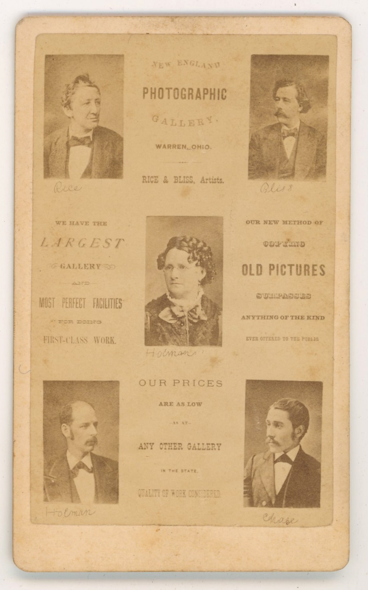 Rice & Bliss Photographic Gallery Advertising CDV: Unusual composite carte-de-visite advertising card issued by the New England Photographic Gallery of Warren, Ohio, operated by Rice & Bliss, Artists. The front features a printed layout with five