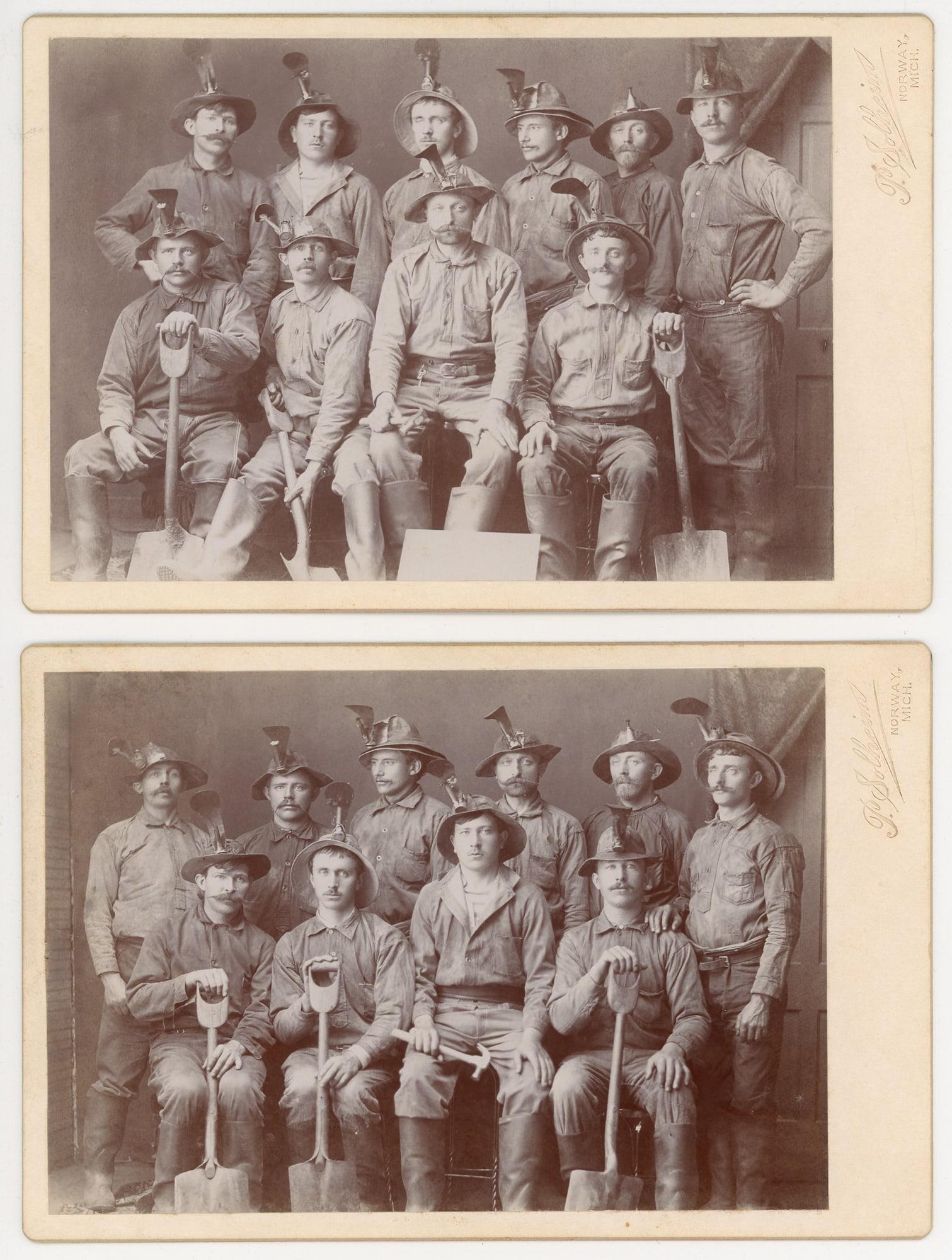 Two Cabinet Cards Miners with Tools Portraits: Two albumen cabinet card group portraits showing miners posed with work tools including shovels and picks, wearing work clothes, boots, and metal helmets fitted with lamp attachments. The photographs