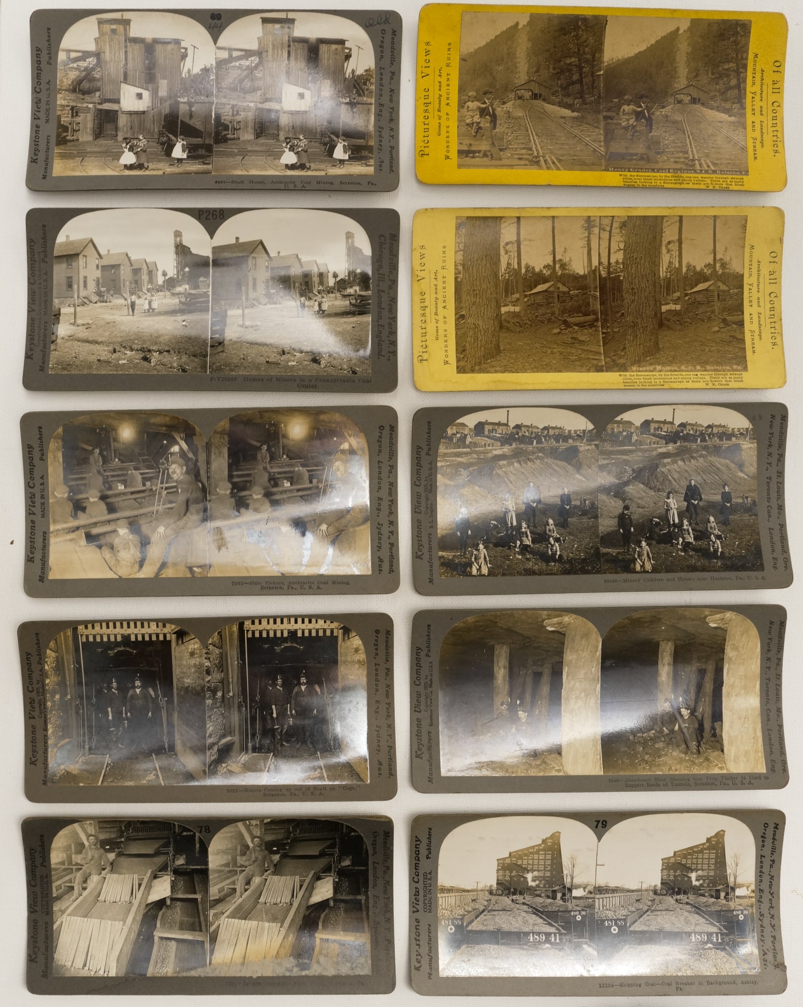 Anthracite Coal Mining Pennsylvania Stereoview Group: Group of 10 stereoviews documenting the anthracite coal mining industry in Pennsylvania. The views include surface structures, mining towns, and interior scenes showing miners at work in underground s
