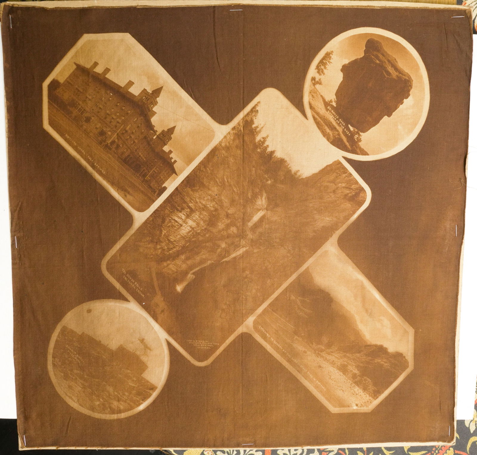 Colorado Views Toned Cyanotype on Fabric c1900: Large toned cyanotype photographic collage printed on fabric, measuring approximately 20 inches square. The composition presents multiple scenic views from Colorado arranged in decorative geometric pa