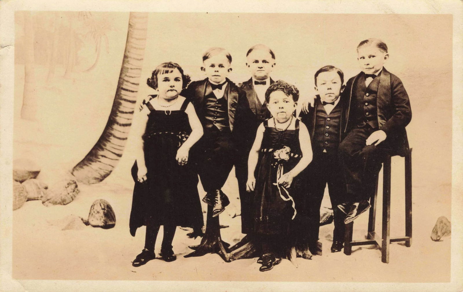 RPPC Group of Six Midget or Little People Studio Portrait: Real photo postcard studio portrait showing six nidgets or "Little Prople" arranged together in a formal group composition before a painted backdrop featuring a palm tree. Three children stand in the