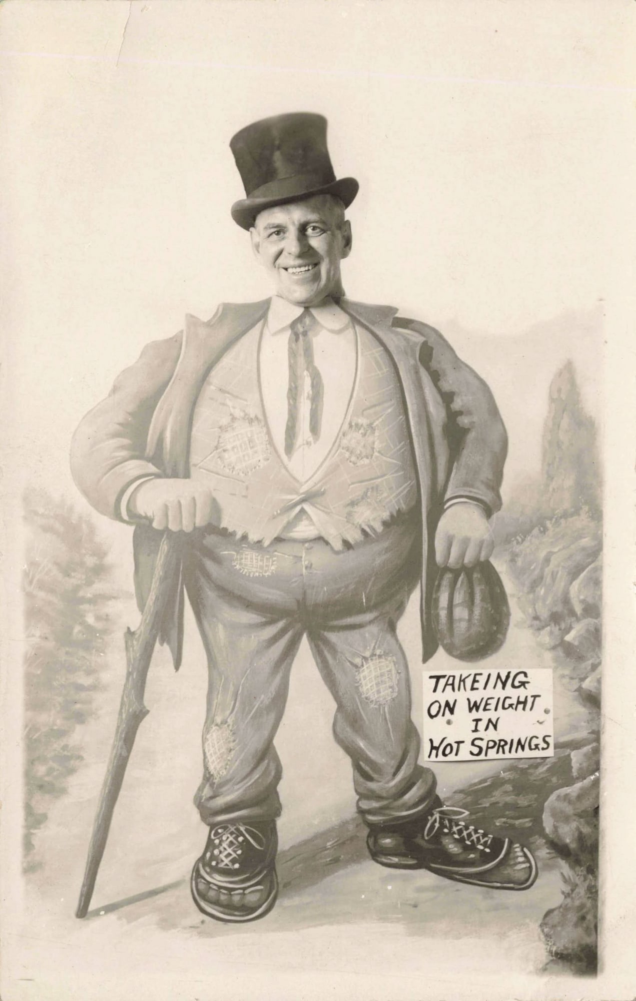 Comic Studio Composite Postcard Fat Man Advertising: Illustrated comic postcard showing a man posin gbehind a painted image of large heavyset man standing with a cane while holding a sign advertising Hot Sorings. The subject appears behind the image of