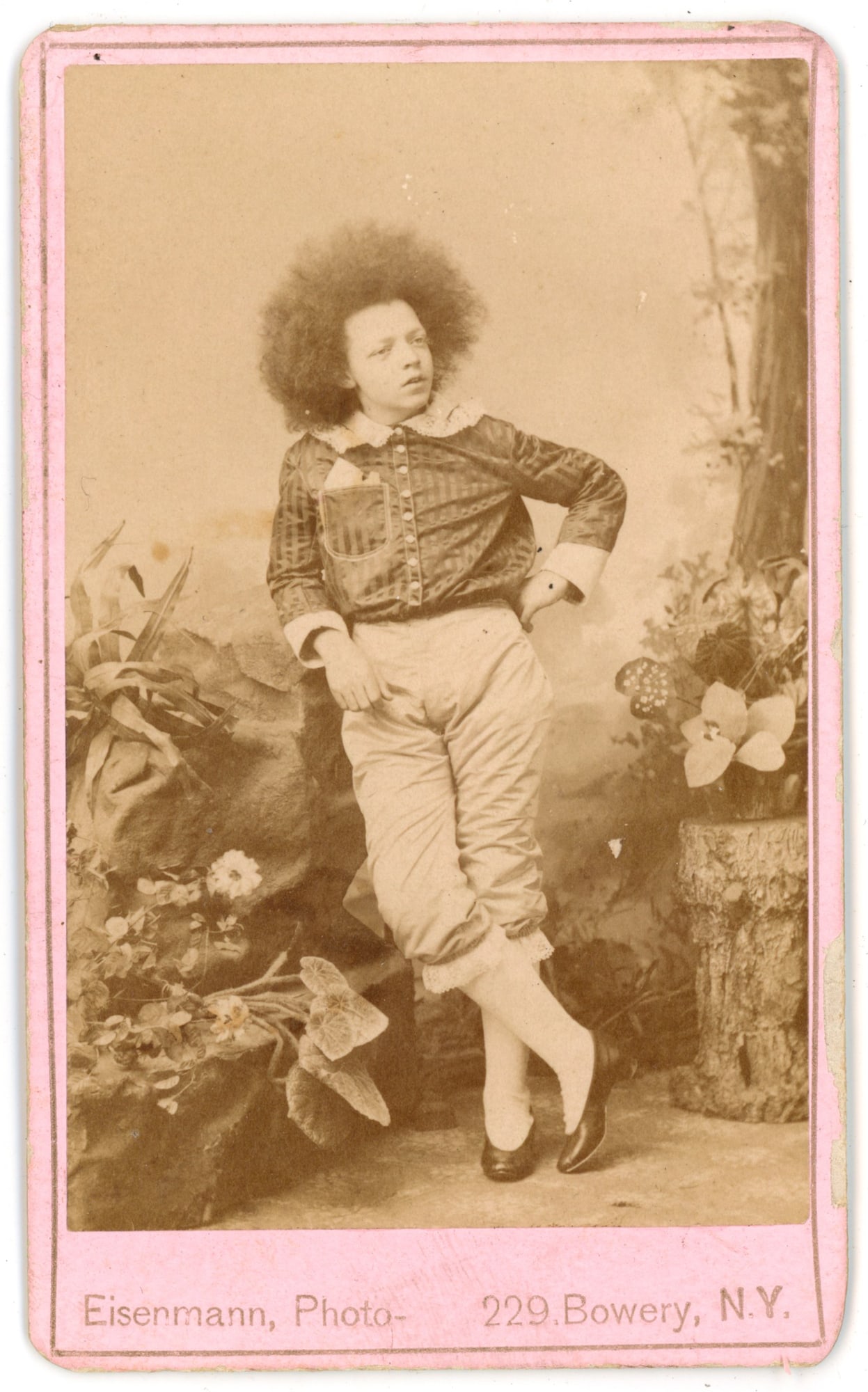 Child Performer with Distinctive Hair CDV by Eisenmann: Carte de visite standing portrait of a young Circassian beauty, or “Moss-haired girl” leaning against props in an elaborate studio setting. The mount bears the imprint “Eisenmann, Photo, 229