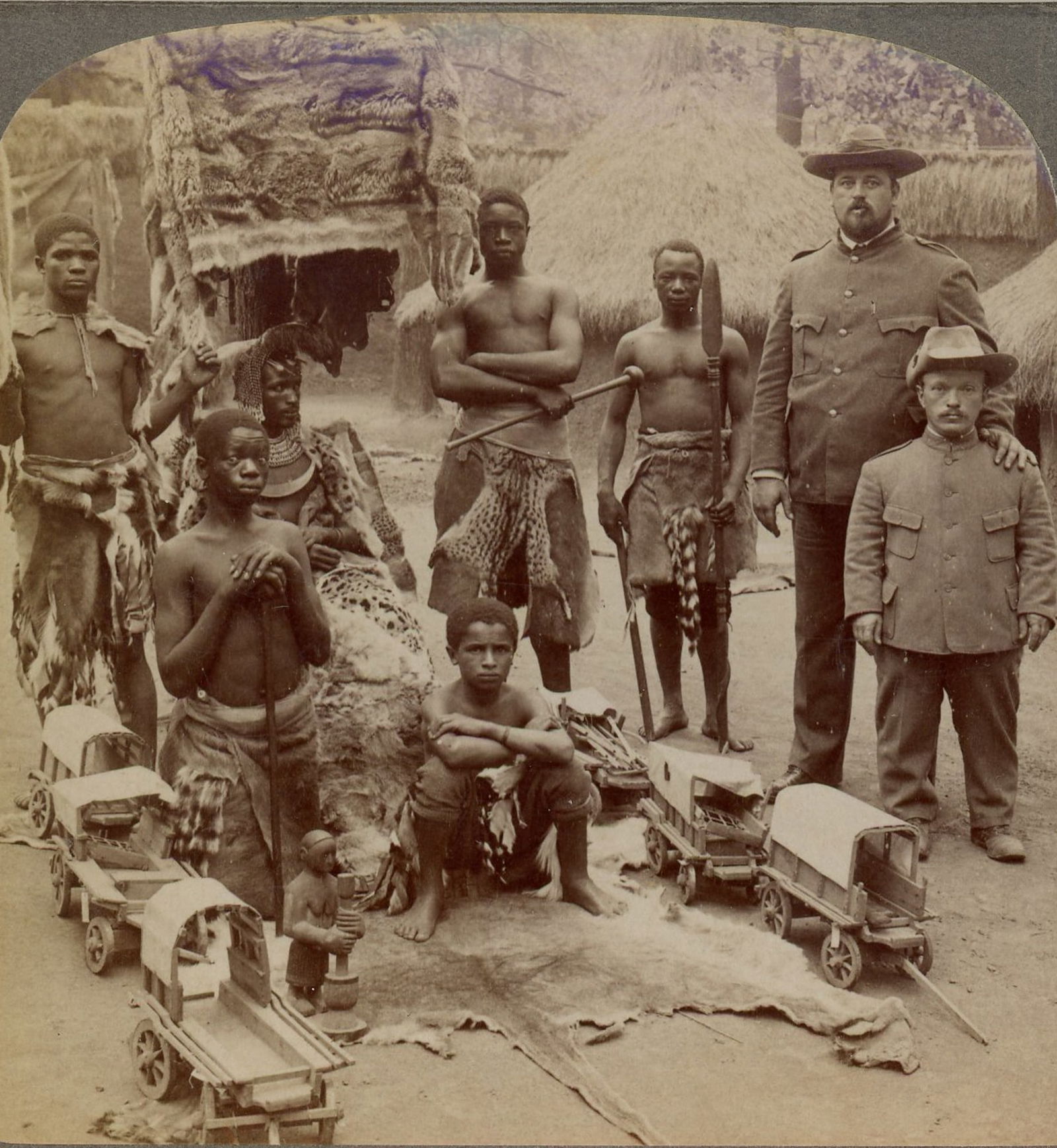 1904 Basuto Chief & Boer Soldiers – “Long and Short?? Stereoview: Silver print stereoview titled along the mount: “Basuto Chief and men (So. Africa), with ‘the long and the short’ of the Boer Army, World’s Fair, St. Louis, U.S.A.” Copyright 1904 by Und
