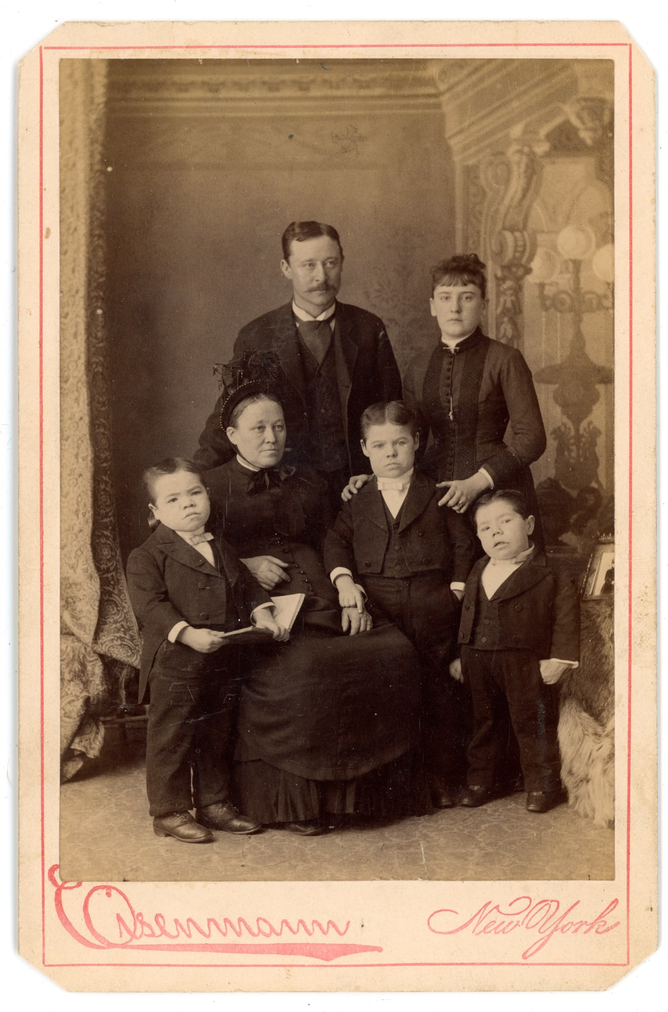 Midget Murray Triplets Cabinet Card – Thos. Eisenmann, New York: Albumen cabinet card portrait depicting five members of the Murray family posed in an ornate studio interior. Seated at center is an older woman holding a small booklet, flanked by the three Midget Mu