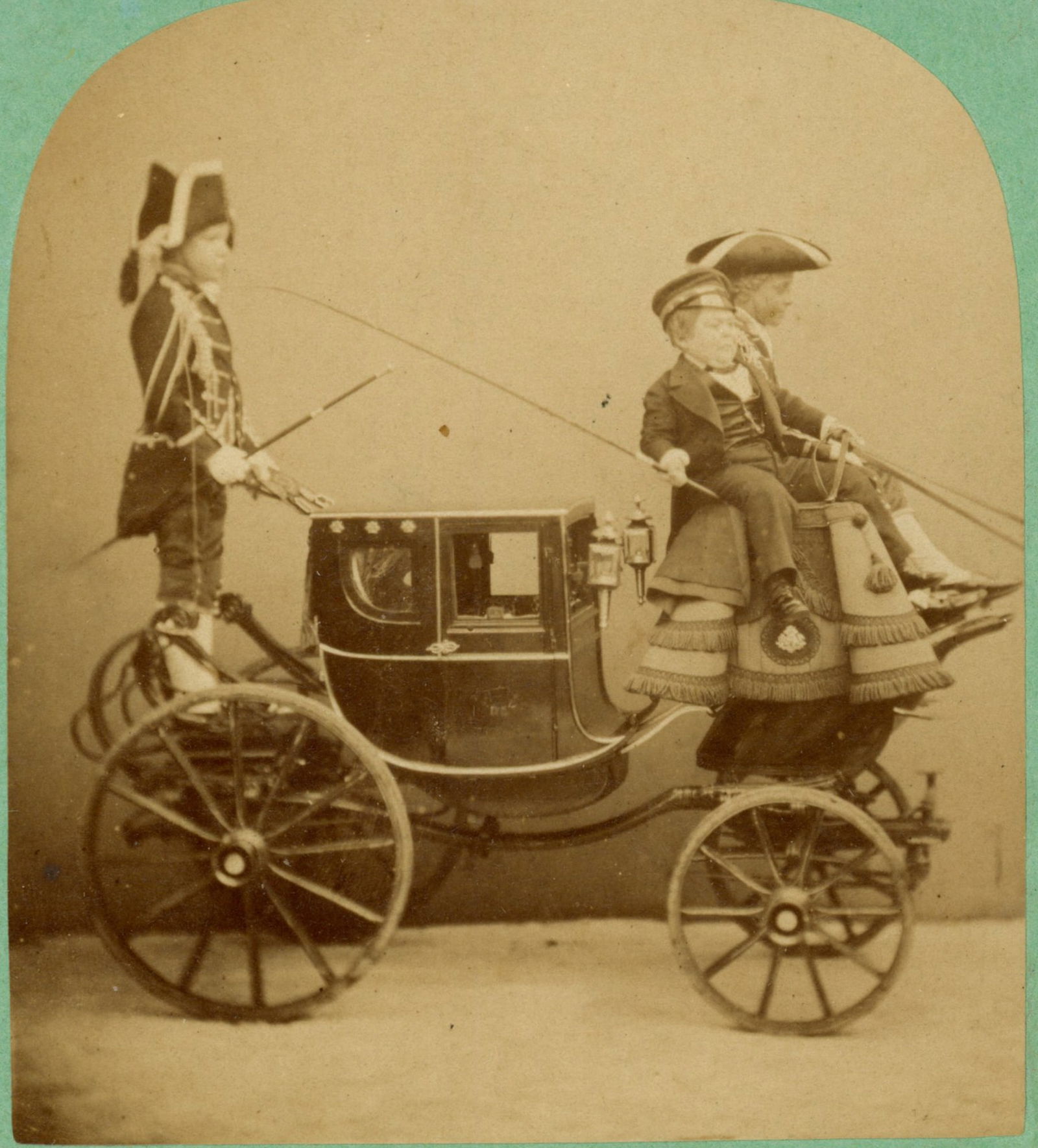 General Tom Thumb with Carriage Stereoview: Albumen stereoview depicting a miniature carriage designed for General Tom Thumb (Charles Sherwood Stratton), the world-famous little-man entertainer made famous by P.T. Barnum. The image shows two un