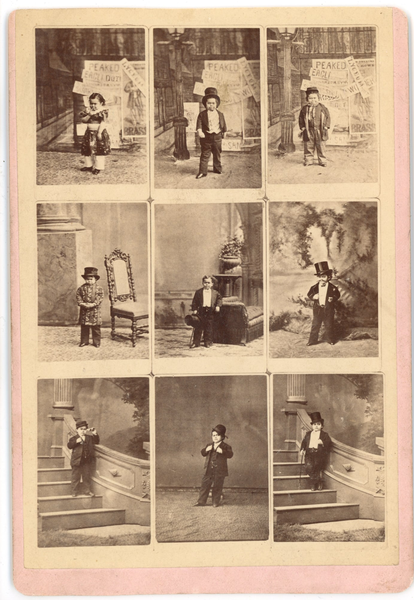 Cabinet Card Admiral Dot Nine Portraits Change Artist: Unusual cabinet card featuring a composite arrangement of nine small portrait photographs of Admiral Dot, identified on the reverse as “The Smallest Character and Change Artist in the World.”