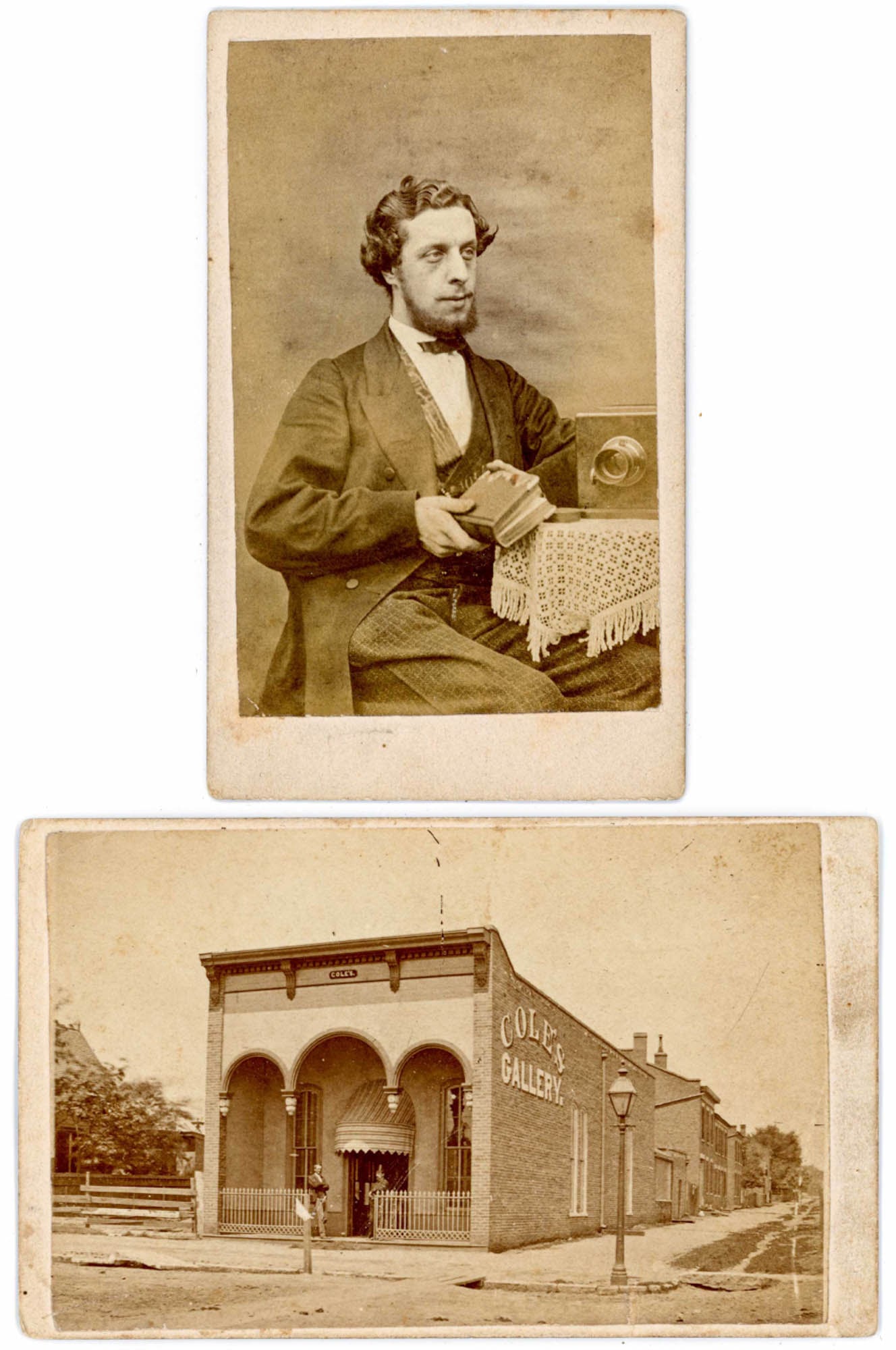 CDV Pair, Man with Daguerreotype Camera and Cole's Gallery Exterior (1 of 3)