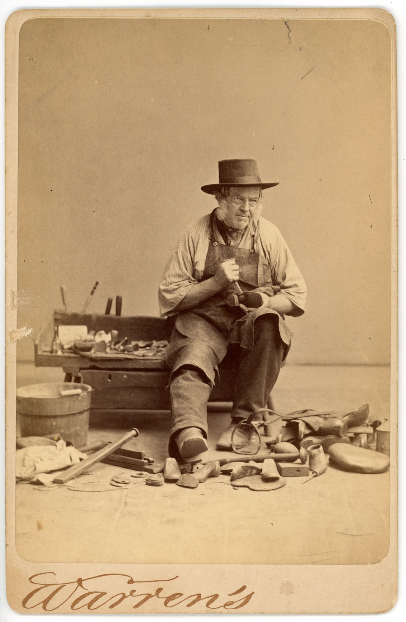 Cabinet Card, Cobbler with Tools, Warren's, Boston (1 of 2)
