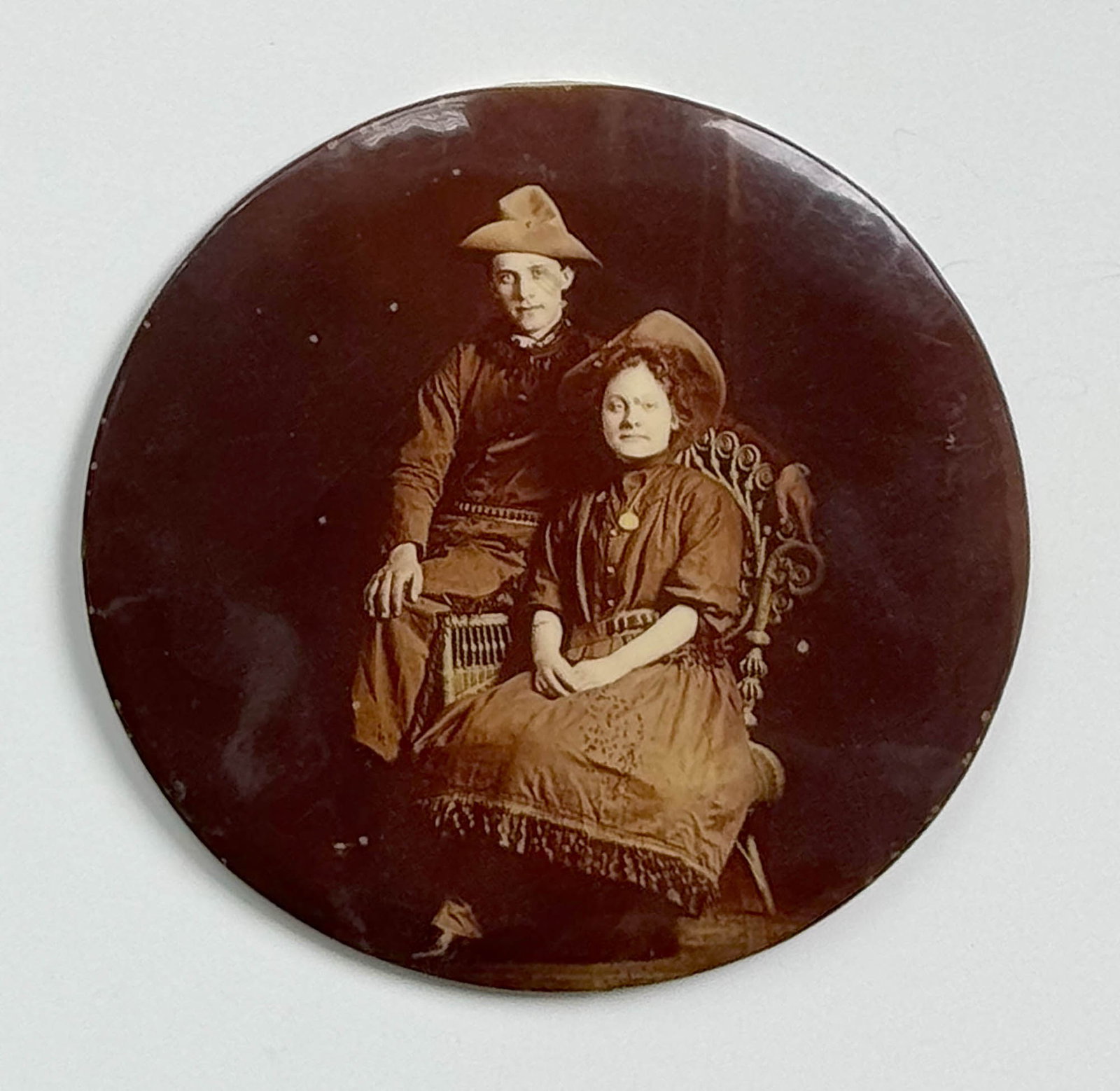 Celluloid Photo Button, Unidentified Western Couple, Wide-Brimmed Hats (1 of 2)