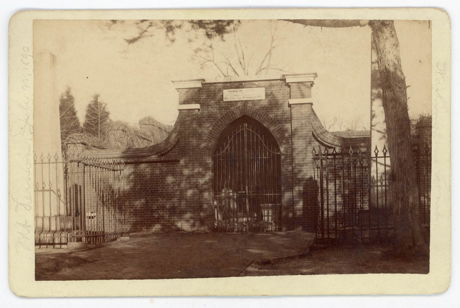 Cabinet Card, Tomb of Washington, Mt. Vernon, Luke Dillon: The iron gate and Gothic brick arch entrance to the Tomb of George Washington at Mount Vernon, Virginia, is recorded in this albumen print cabinet card by Luke C. Dillon, photographer to the Mount Ver
