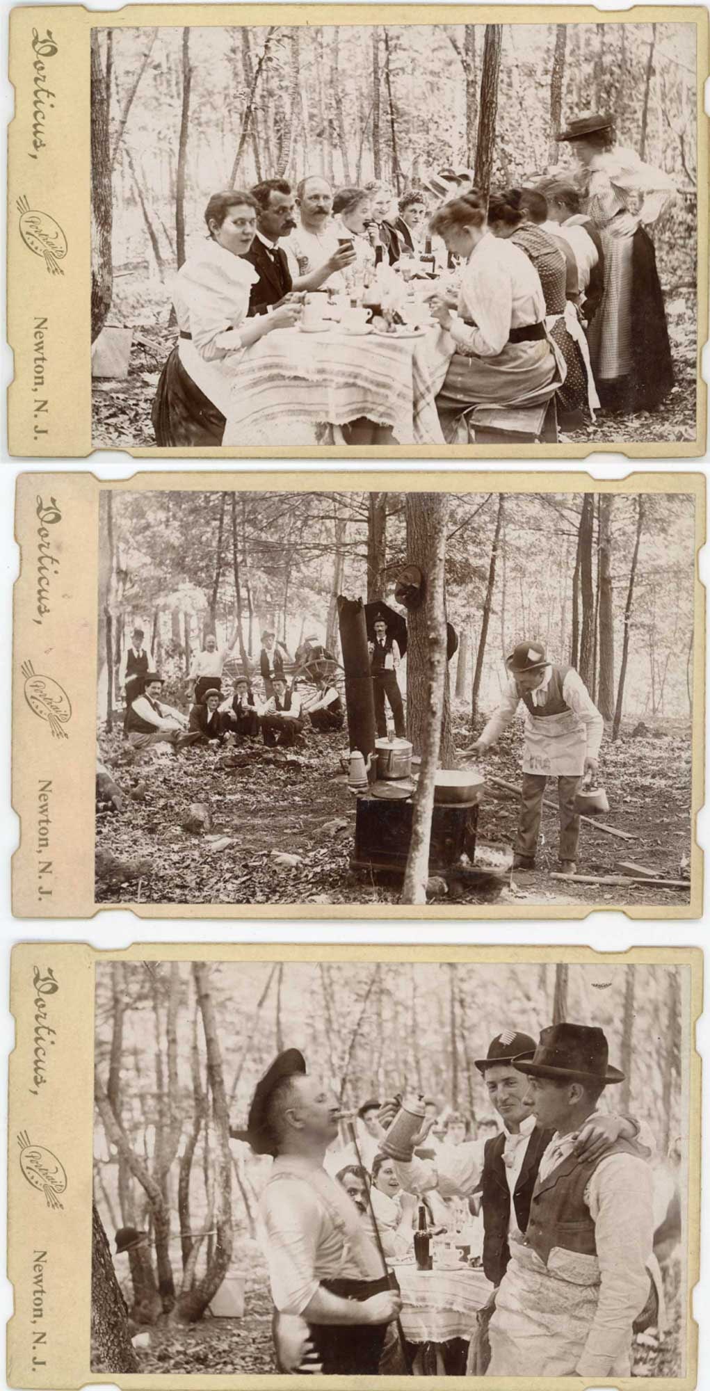 Cabinet Cards, Outdoor Woodland Picnic, Porticus, Newton, NJ: Three albumen cabinet cards by Porticus of Newton, New Jersey document a single outdoor gathering in a wooded setting, capturing the full arc of the event from camp cooking to the seated meal to infor
