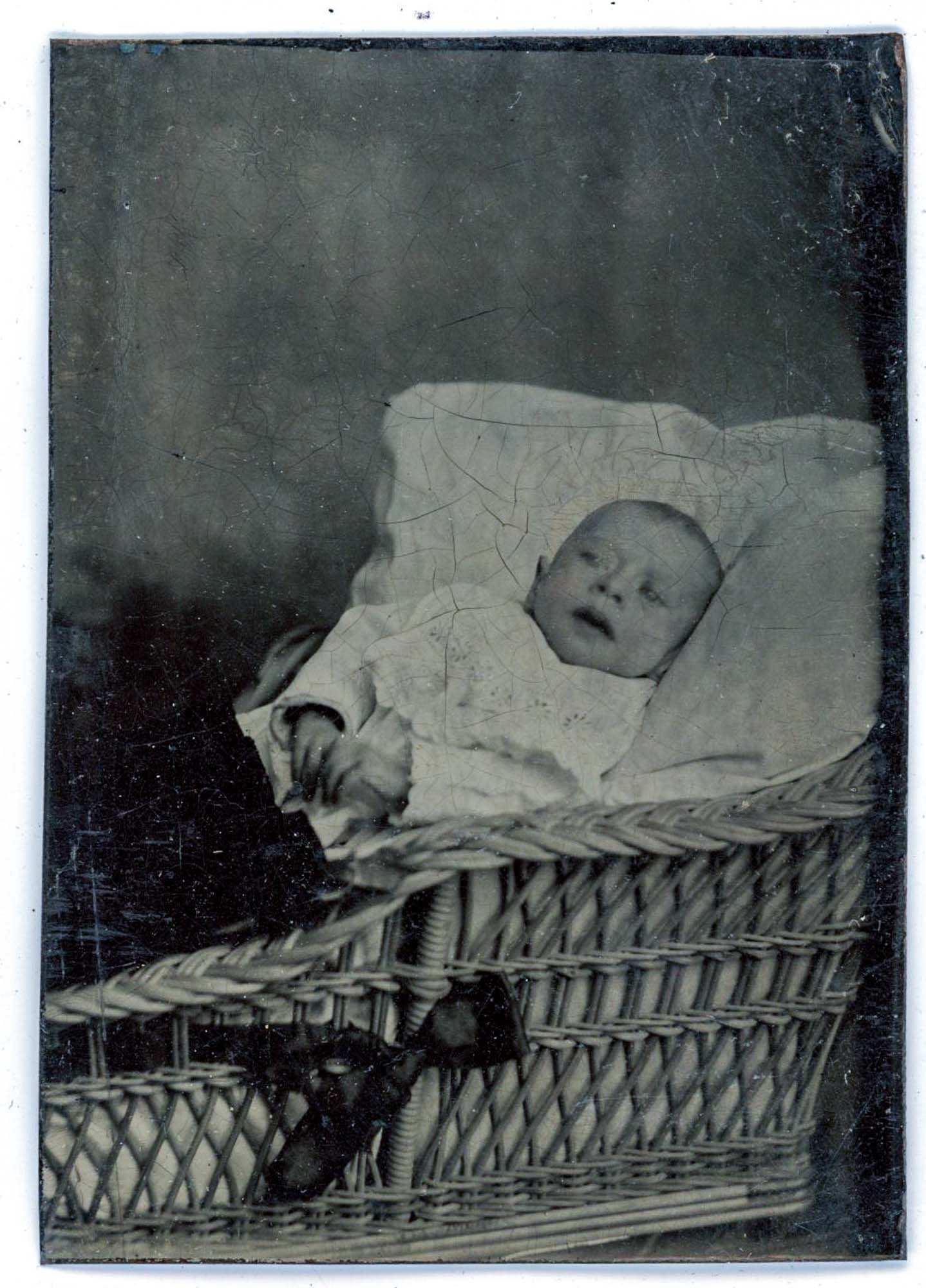 Tintype, Unidentified Infant in Wicker Bassinet (1 of 1)